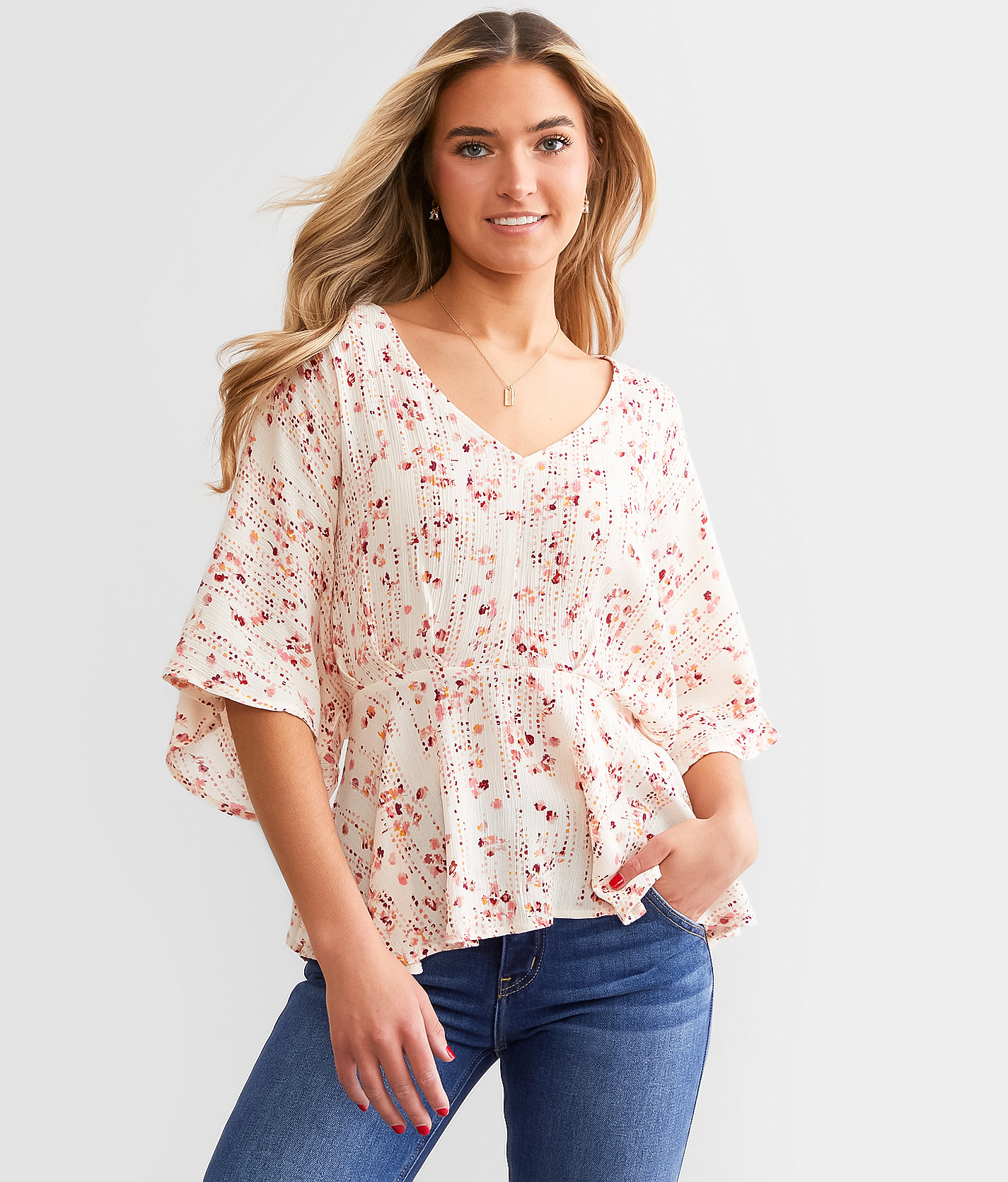 Daytrip Crinkle Pleated Peplum Top - Women's Shirts & Blouses in Cream Floral
