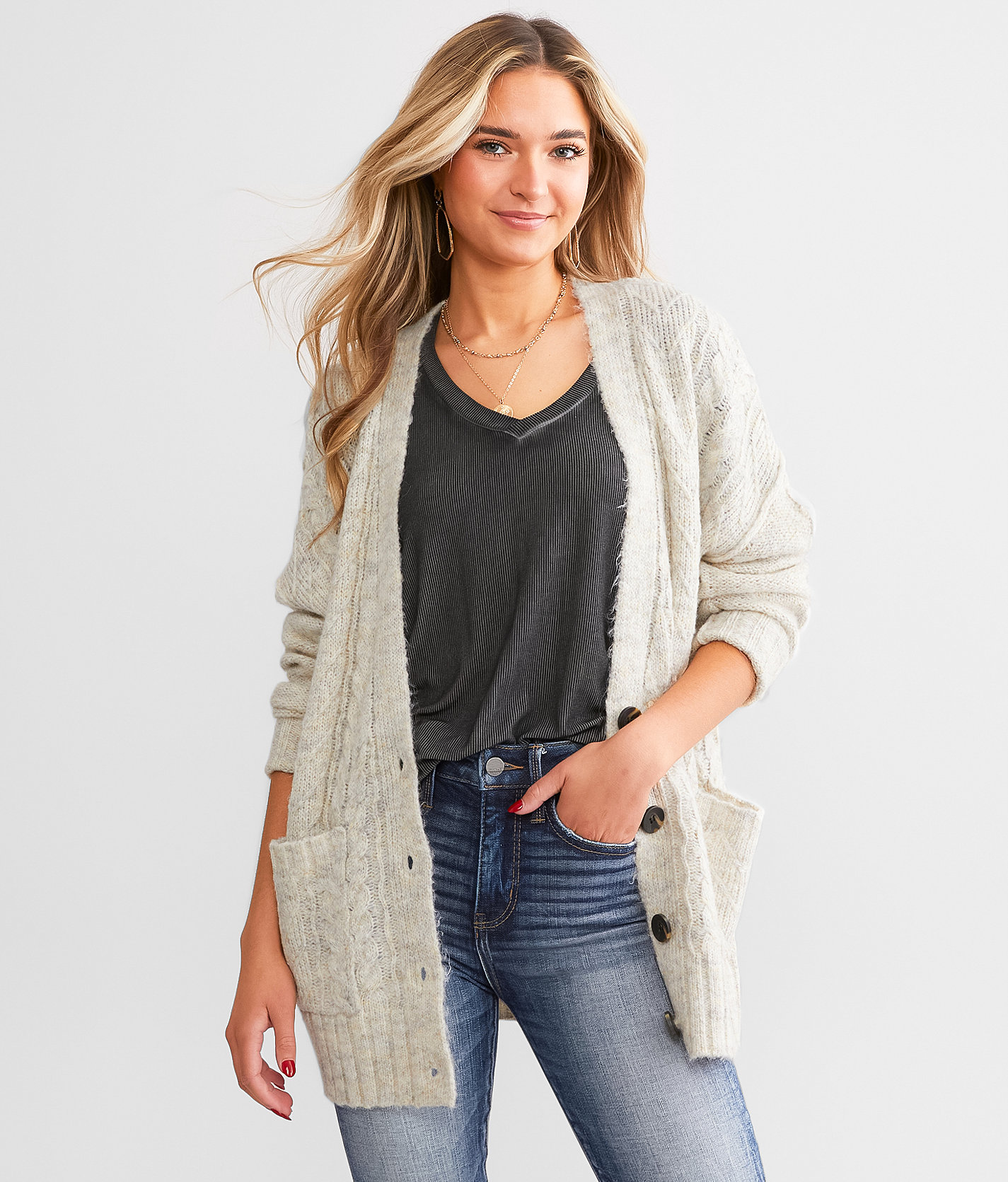 BKE Cable Knit Cardigan Sweater - Women's Sweaters in Cream Marl