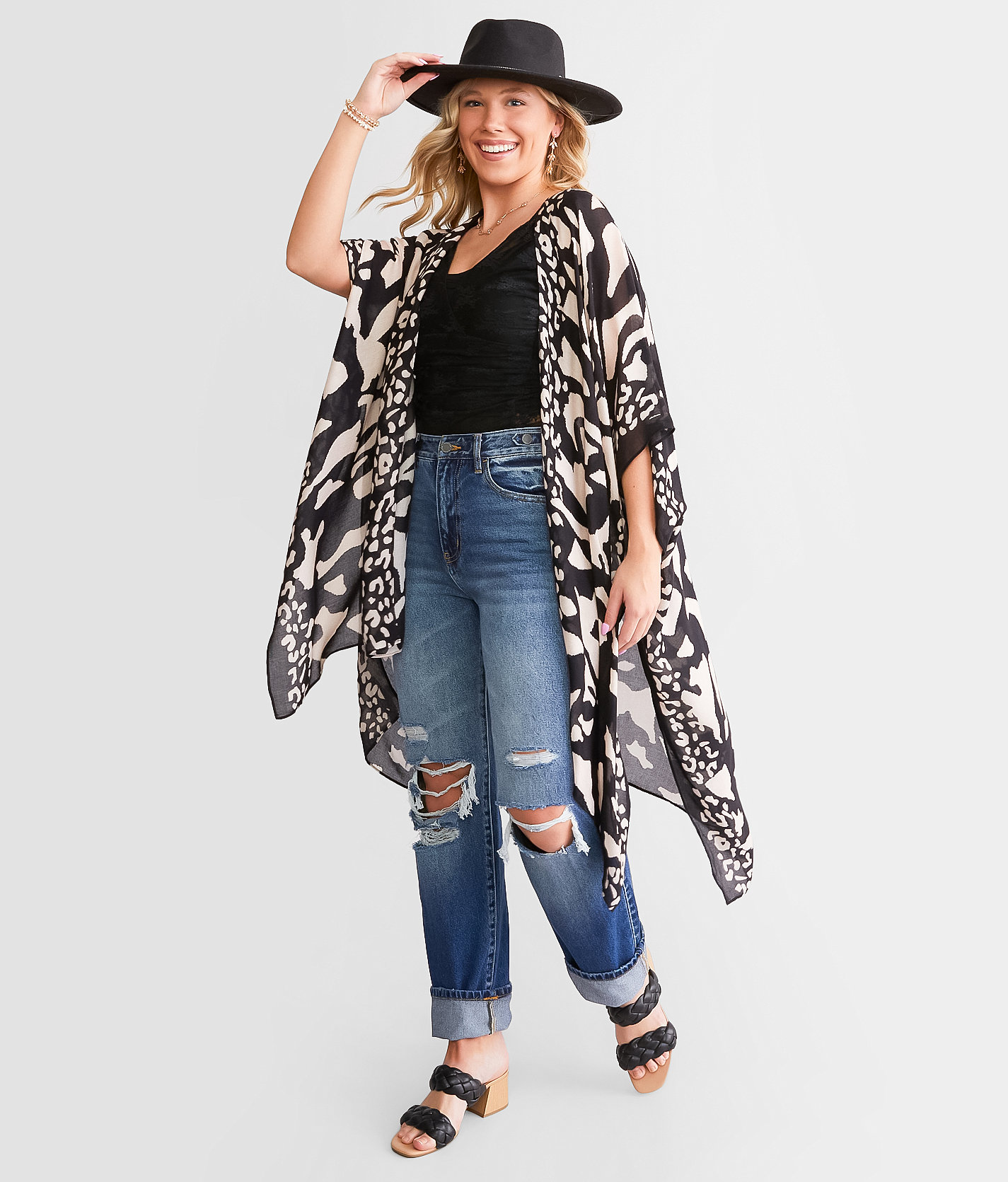 Angie Flyaway Kimono - One Size - Women's Kimonos in Black Tan