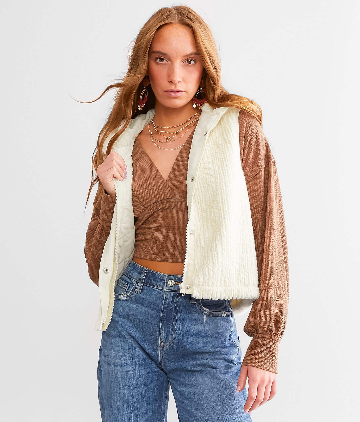 BKE Faux Fur Hooded Vest - Women's Coats & Jackets in Cream