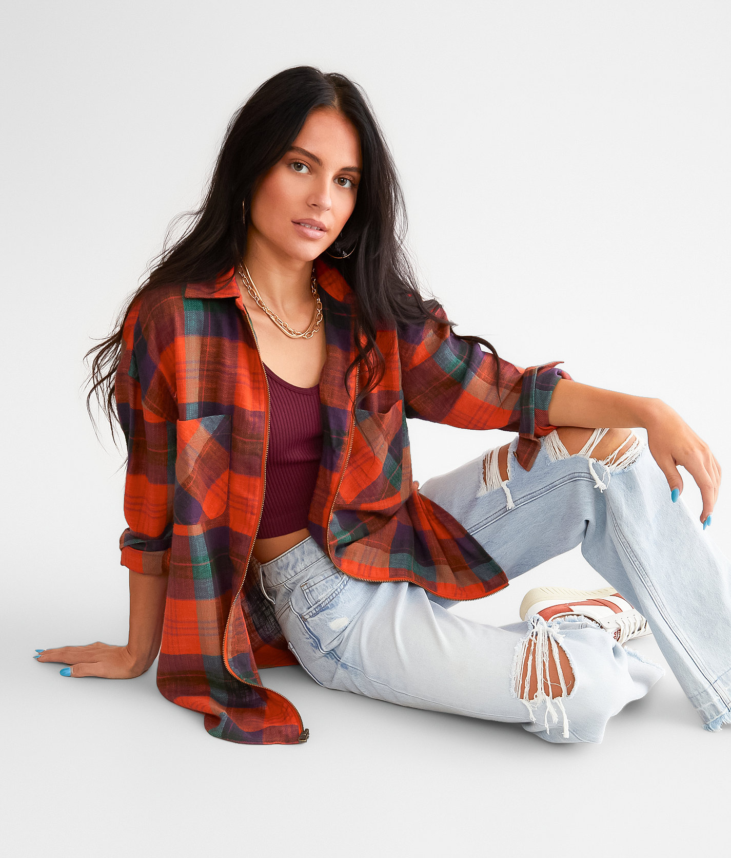 Gilded Intent Plaid Boyfriend Flannel Shirt - Women's Shirts & Blouses in Orange