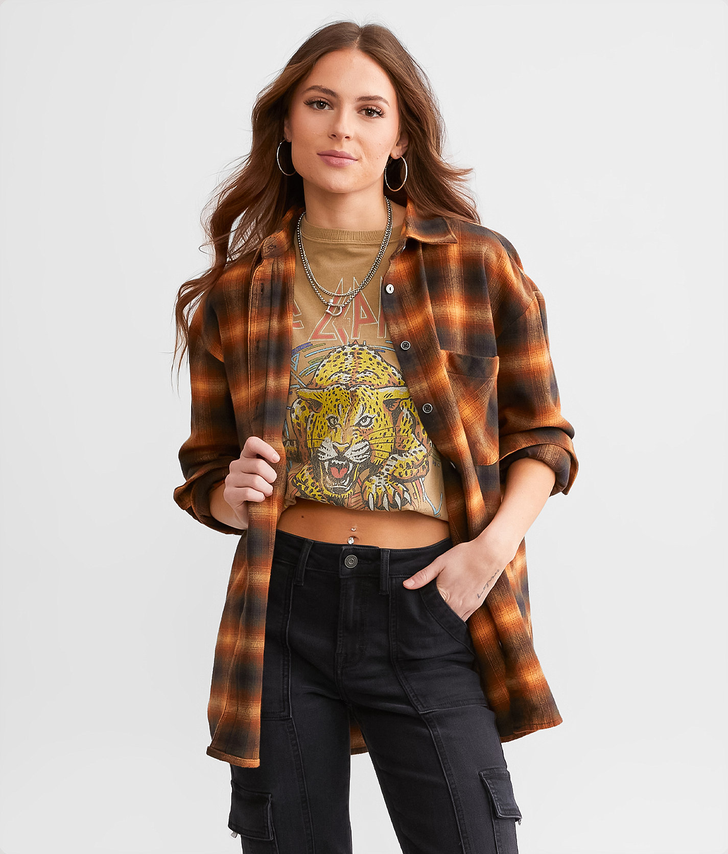 Gilded Intent Washed Plaid Boyfriend Flannel Shirt - Women's Shirts & Blouses in Orange Black