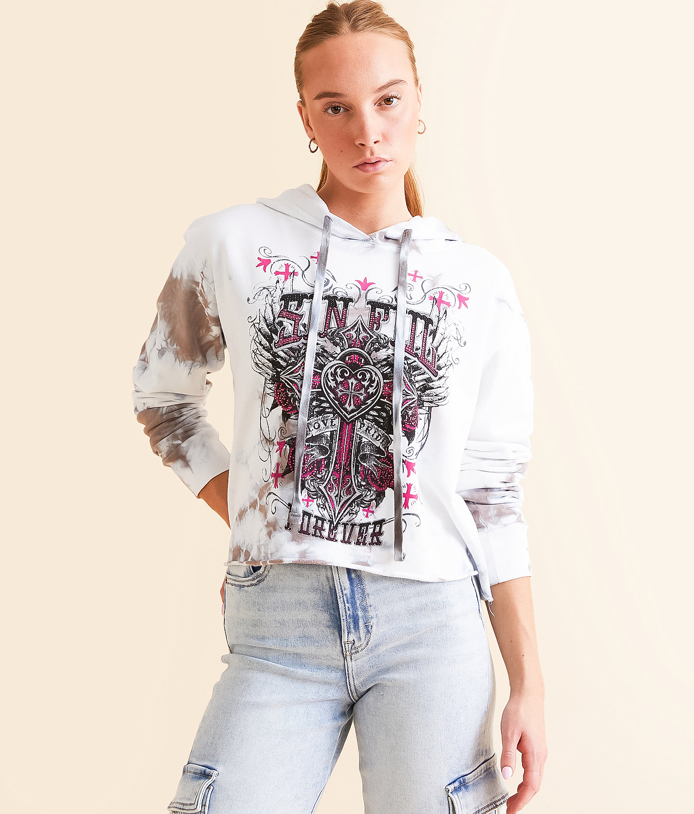 Sinful Maritza Hooded Sweatshirt - Women's Sweatshirts in White Grey Crystal Wash