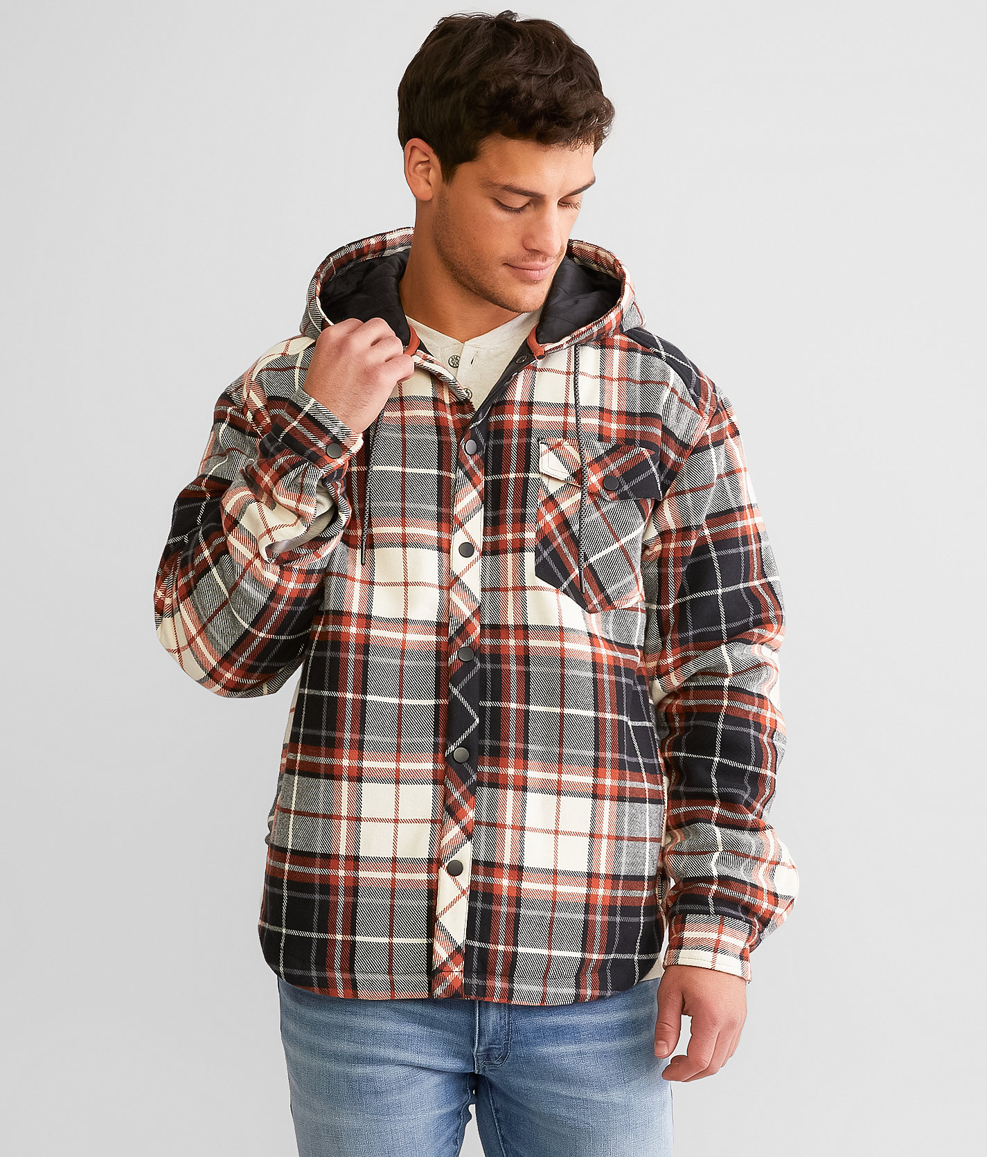 Departwest Plaid Hooded Flannel Shacket - Men's Coats & Jackets in Cream Orange