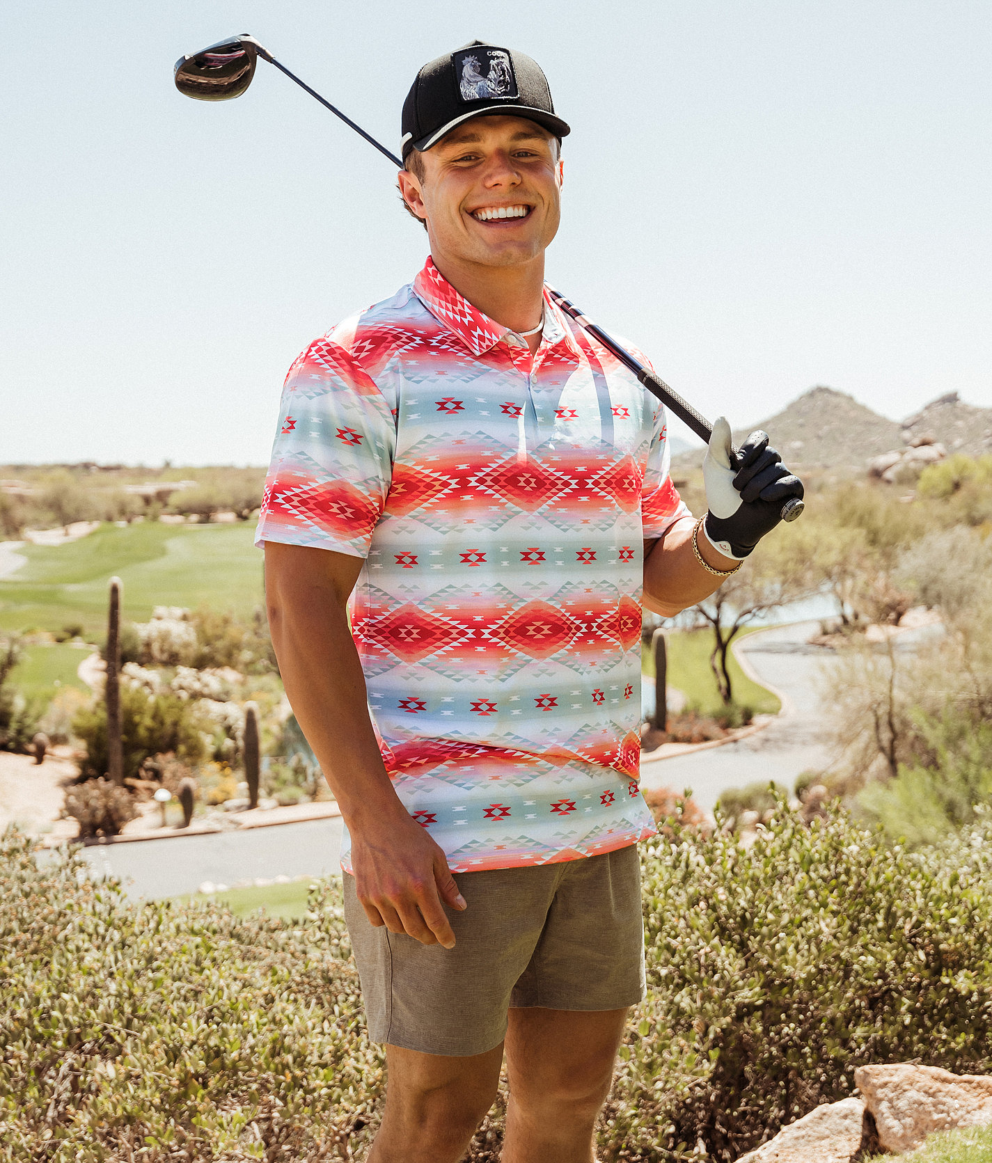 Departwest Southwestern Performance Polo - Men's Polos in Hot Coral Aztec