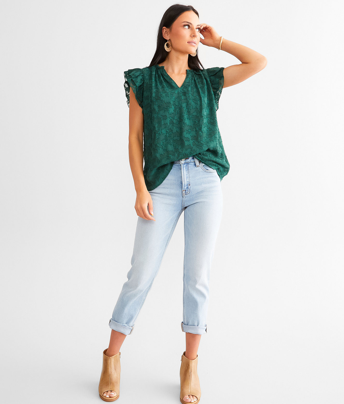 Willow & Root Jacquard Ruffle Top - Women's Shirts & Blouses in Pineneedle