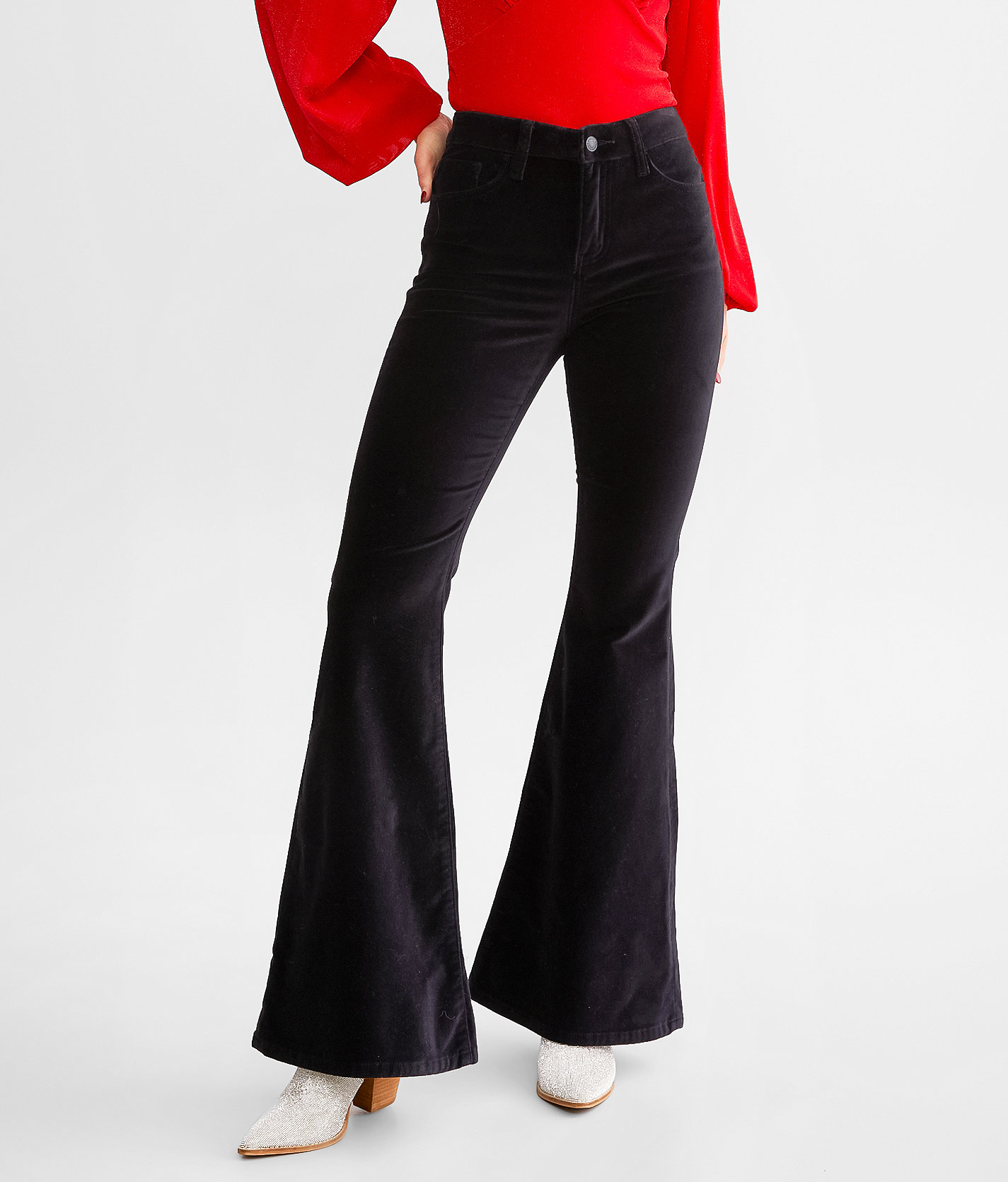 Flying Monkey High Rise Super Flare Stretch Velvet Pant - Women's Pants in Jet Black