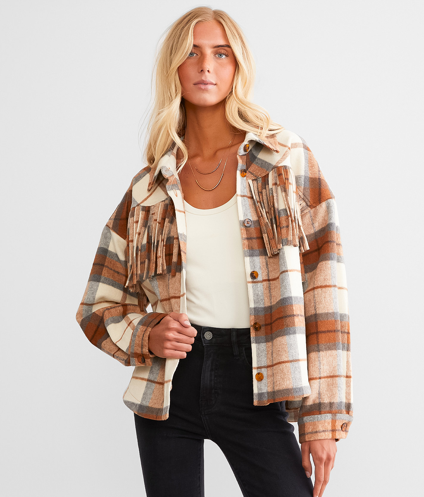 BKE Fringe Plaid Shacket - Women's Coats & Jackets in Brown Plaid