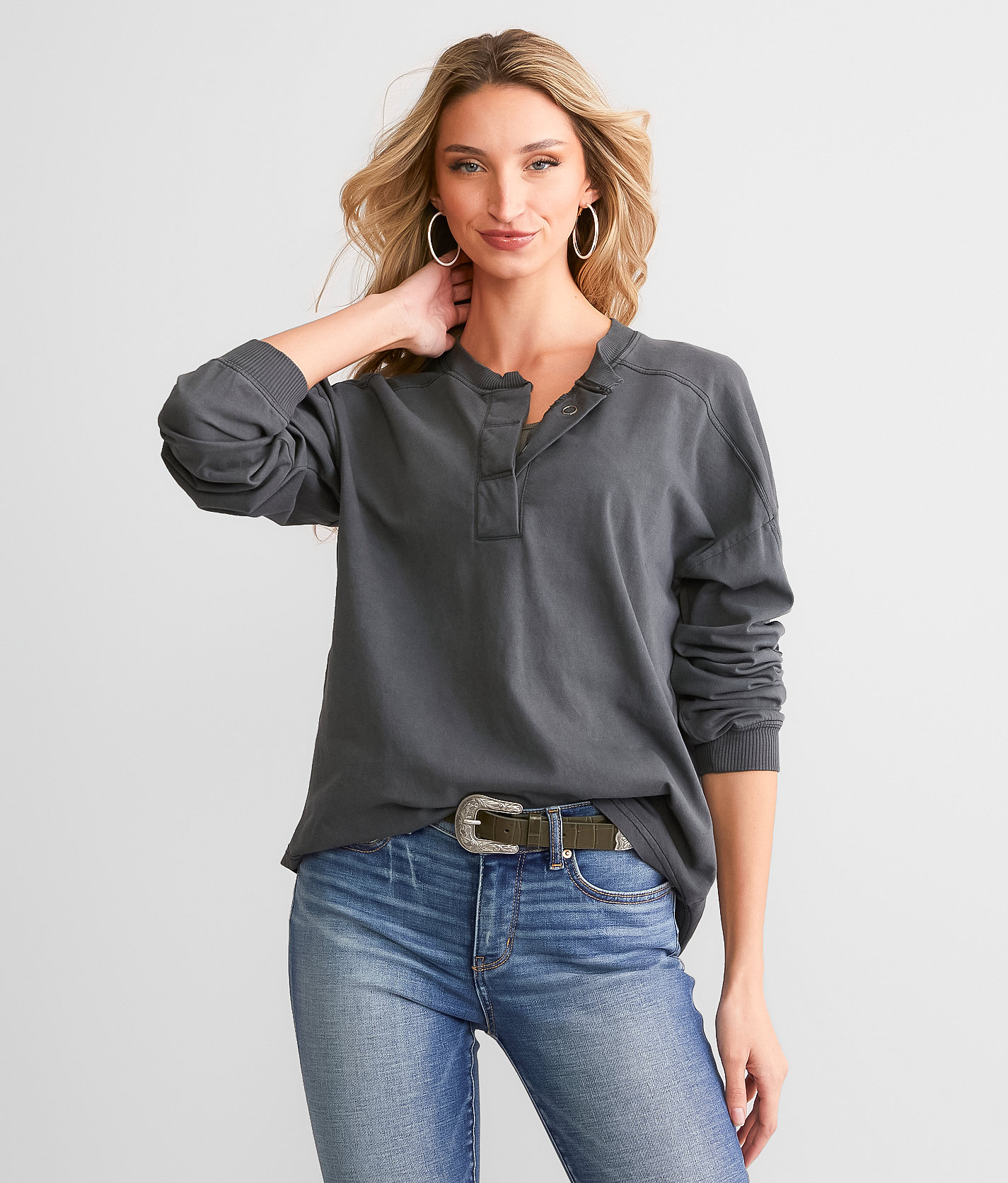 BKE Washed Henley - Women's Shirts & Blouses in Charcoal