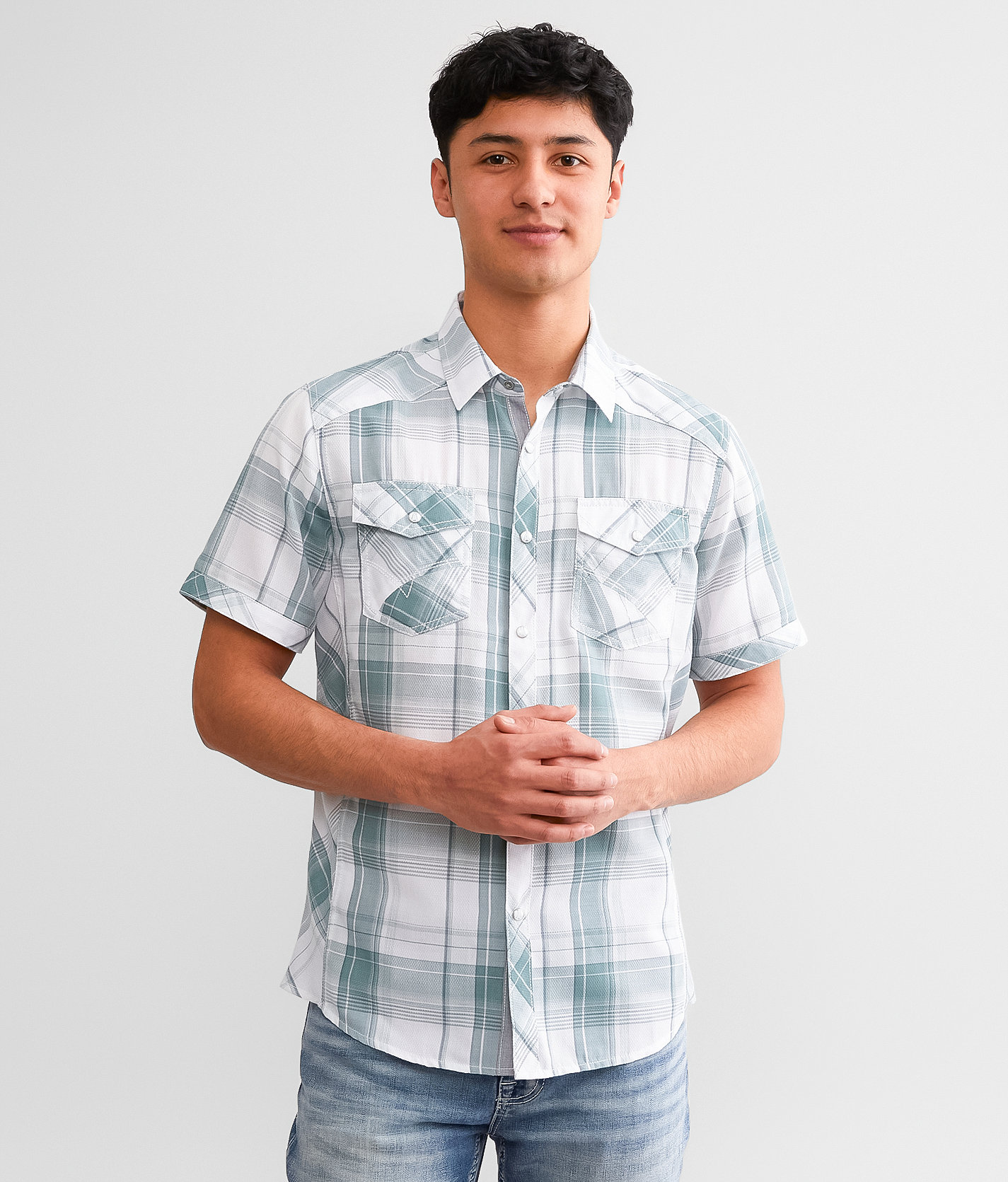BKE Plaid Standard Shirt - Men's Shirts in White Green