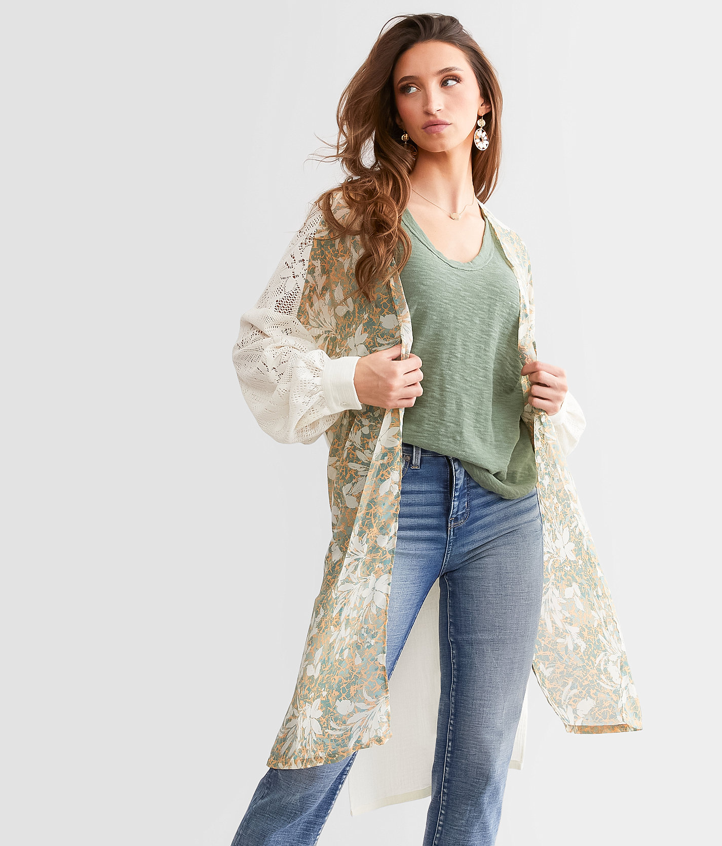 Miss Me Pieced Chiffon Kimono - Women's Kimonos in Sage Green