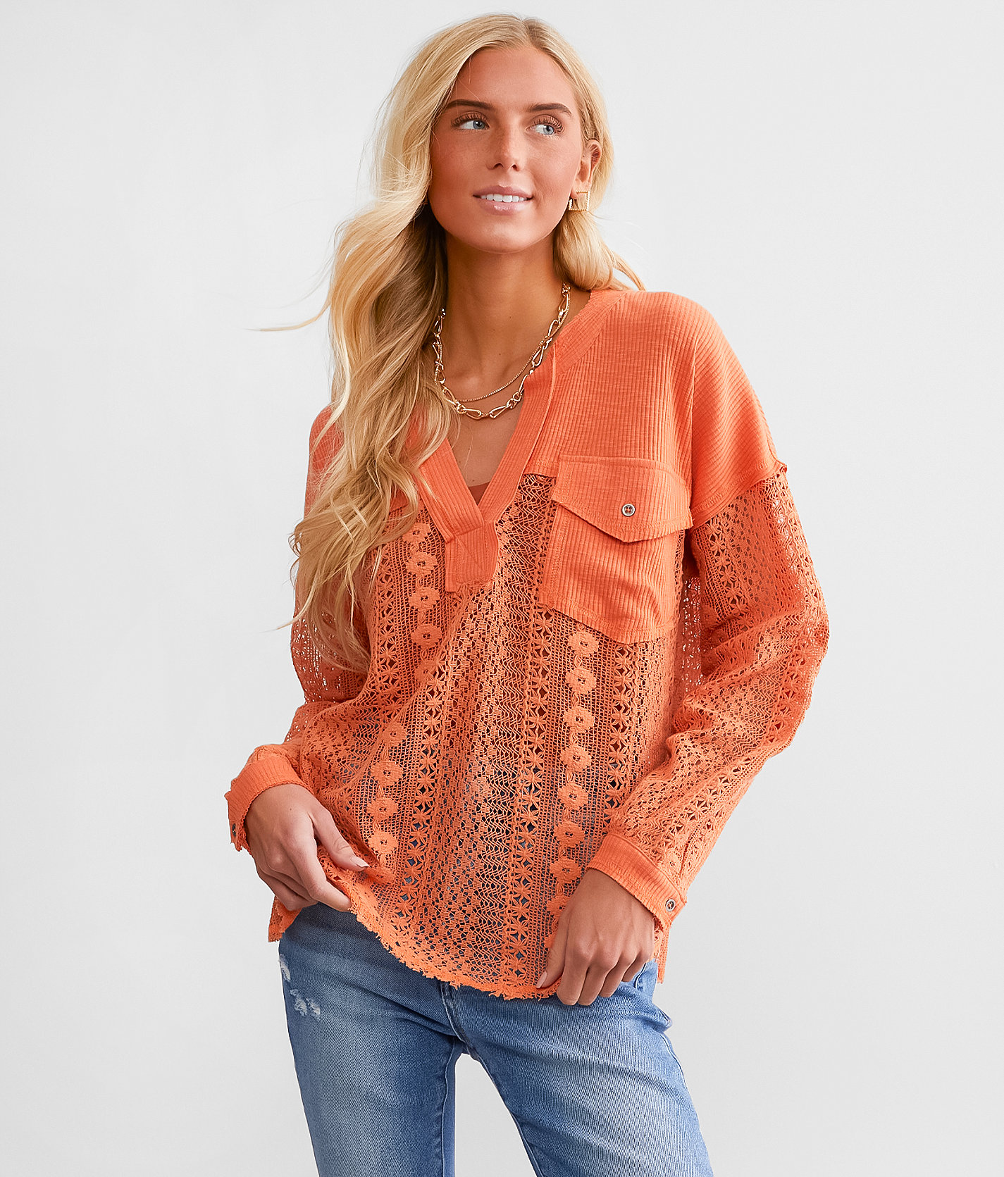 Daytrip Pieced Floral Crochet Top - Women's Shirts & Blouses in Langoustino