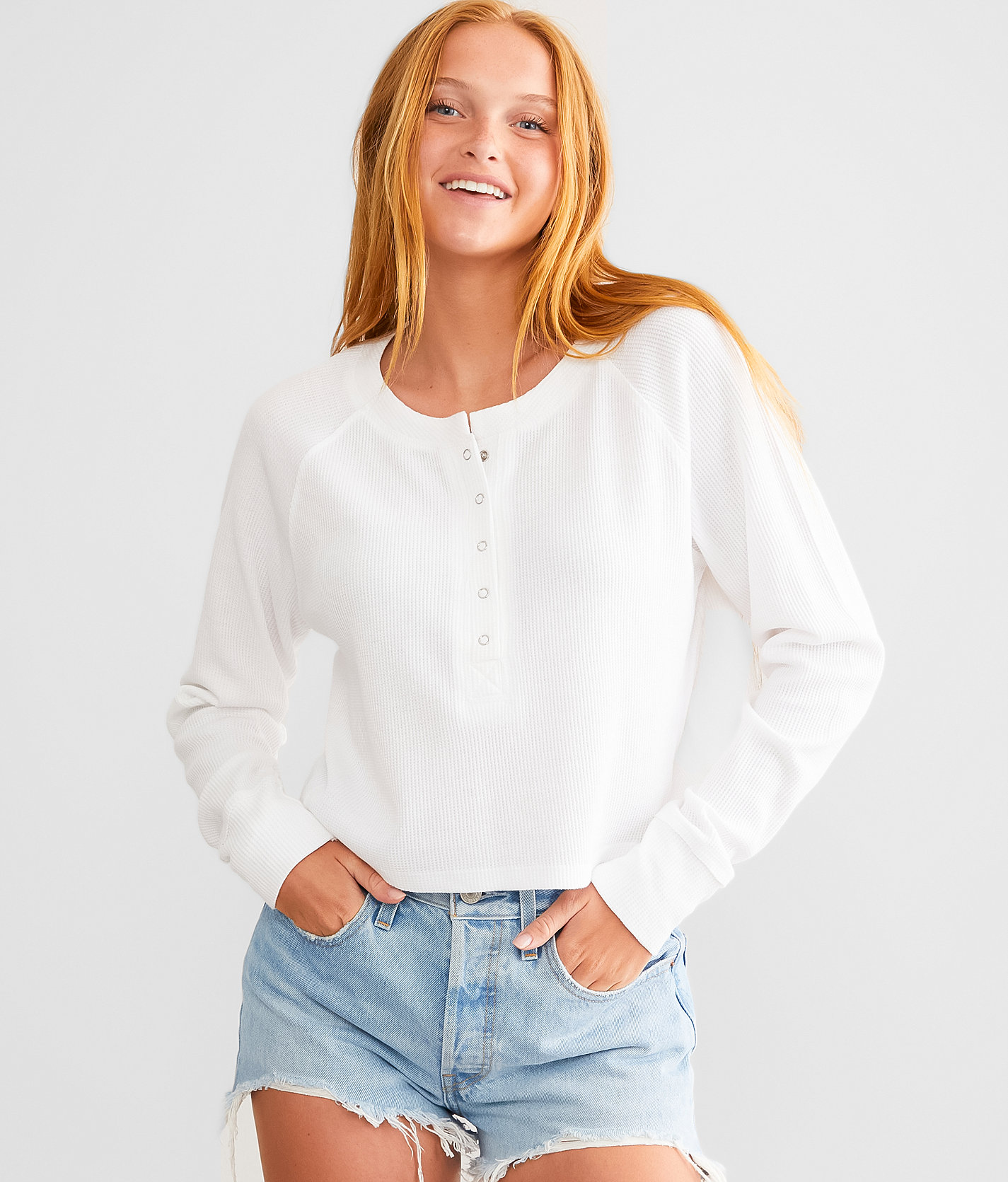 FITZ + EDDI Waffle Knit Henley - Women's Shirts & Blouses in White