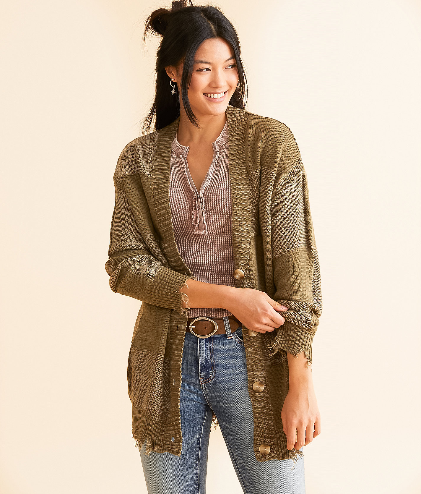 BKE Checkered Cardigan Sweater - Women's Sweaters in Olive
