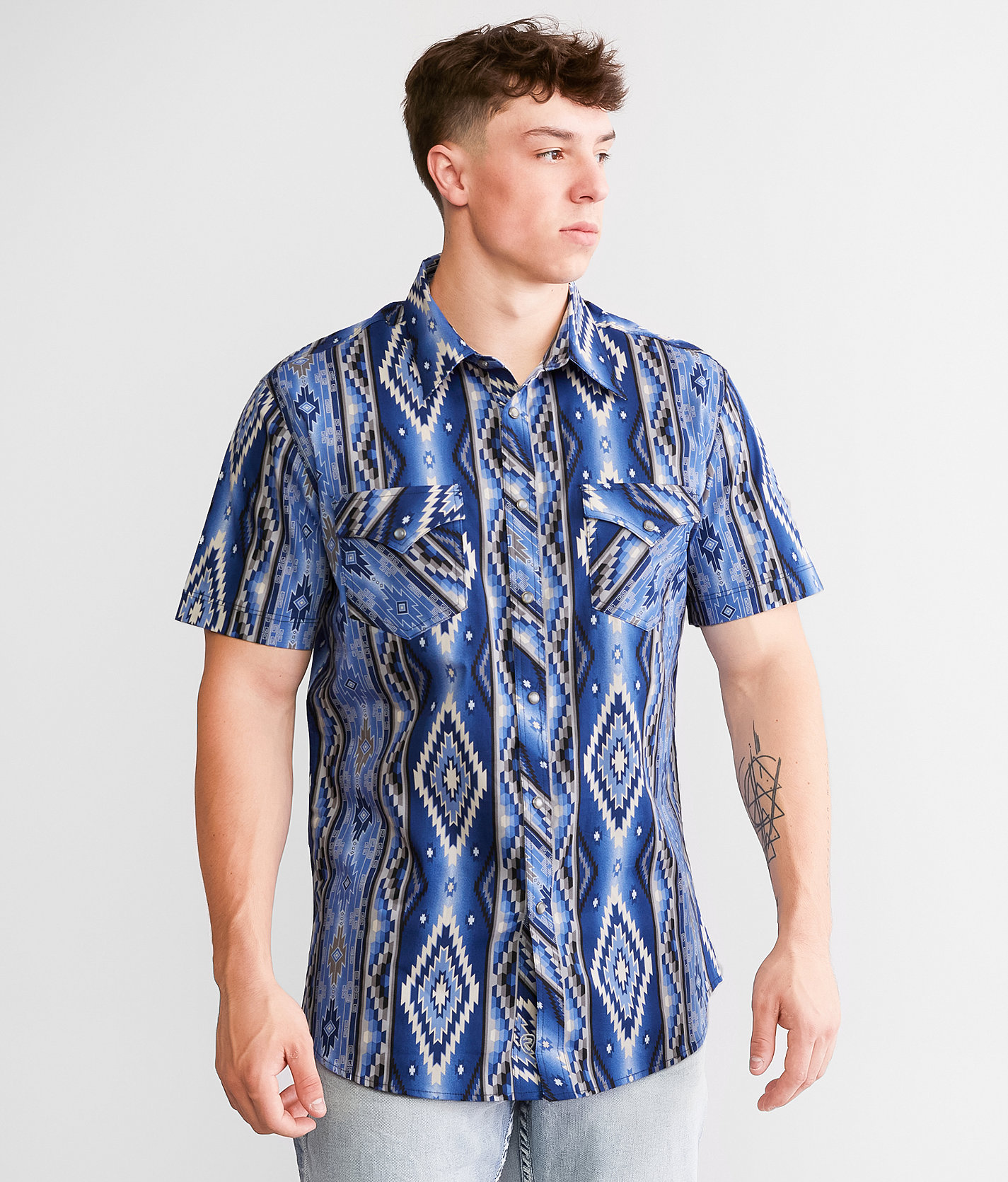 Rock & Roll Denim Aztec Stretch Shirt - Men's Shirts in Blue