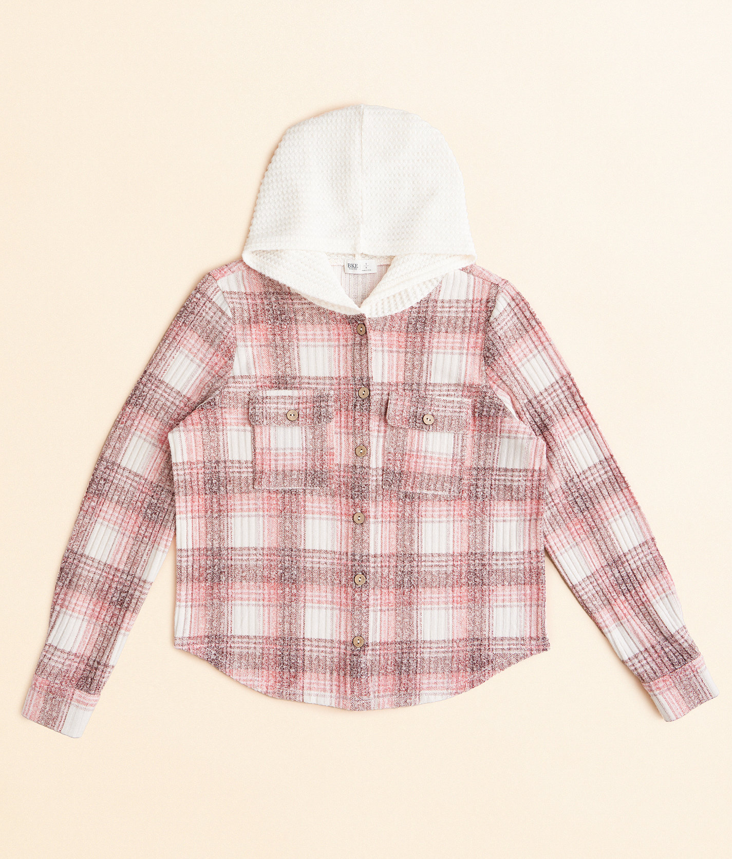 Girls - BKE Plaid Knit Hooded Shirt - Girl's Shirts & Blouses in Pink