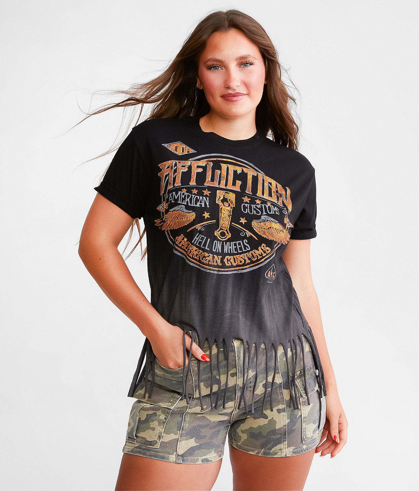 Affliction American Customs Grease Stain Fringe T-Shirt - Women's T-Shirts in Black