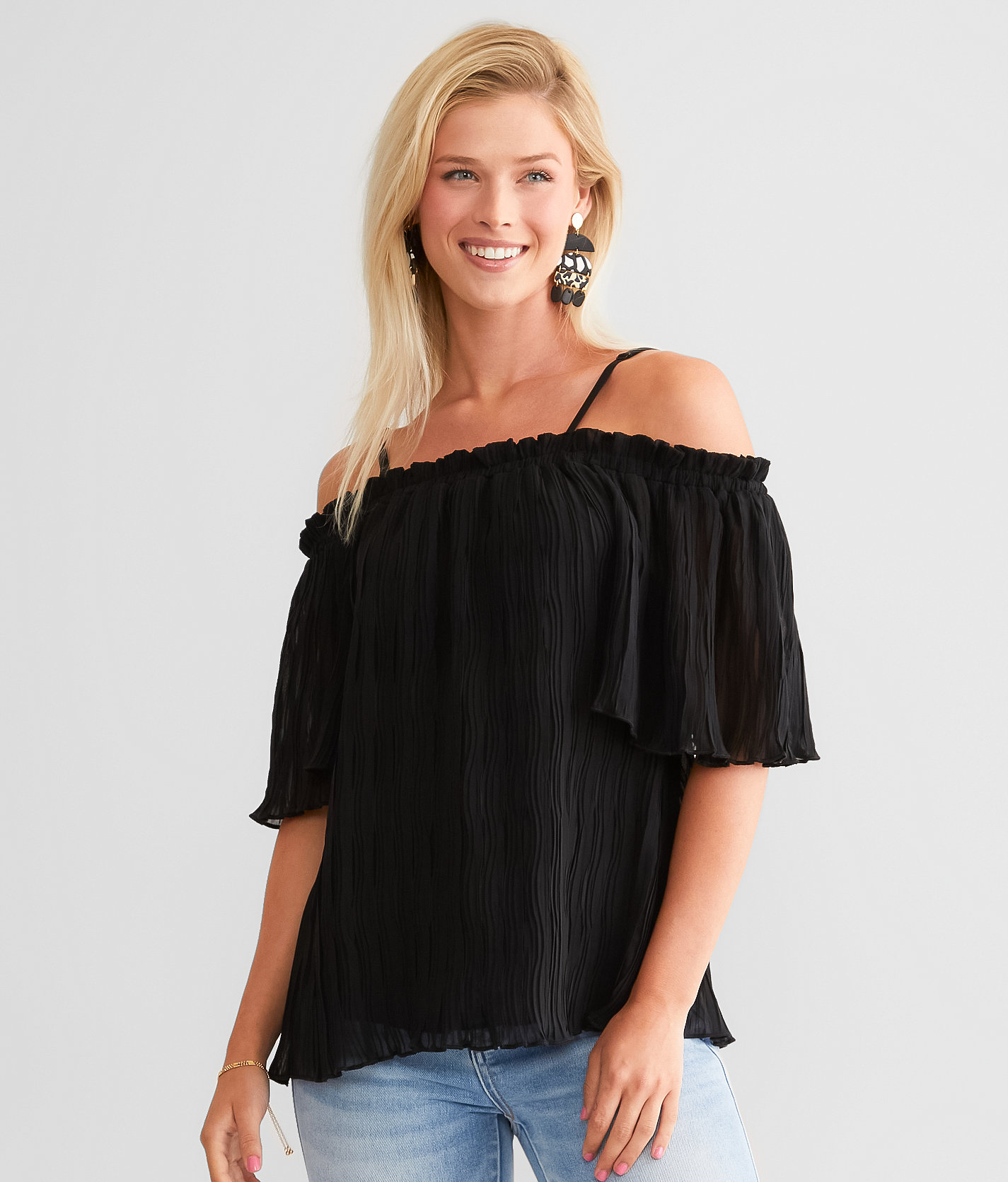 Daytrip Cold Shoulder Crinkle Top - Women's Shirts & Blouses in Black