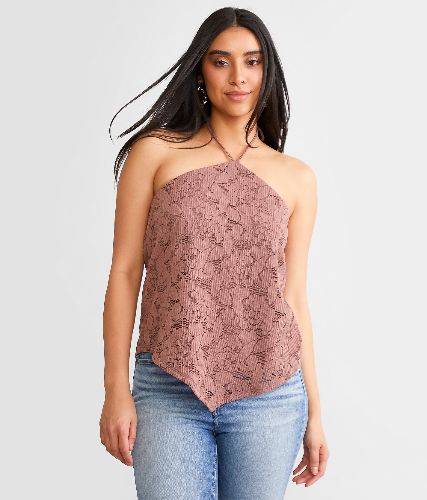 Daytrip Floral Lace Halter Tank Top - Women's Tank Tops in Burlwood