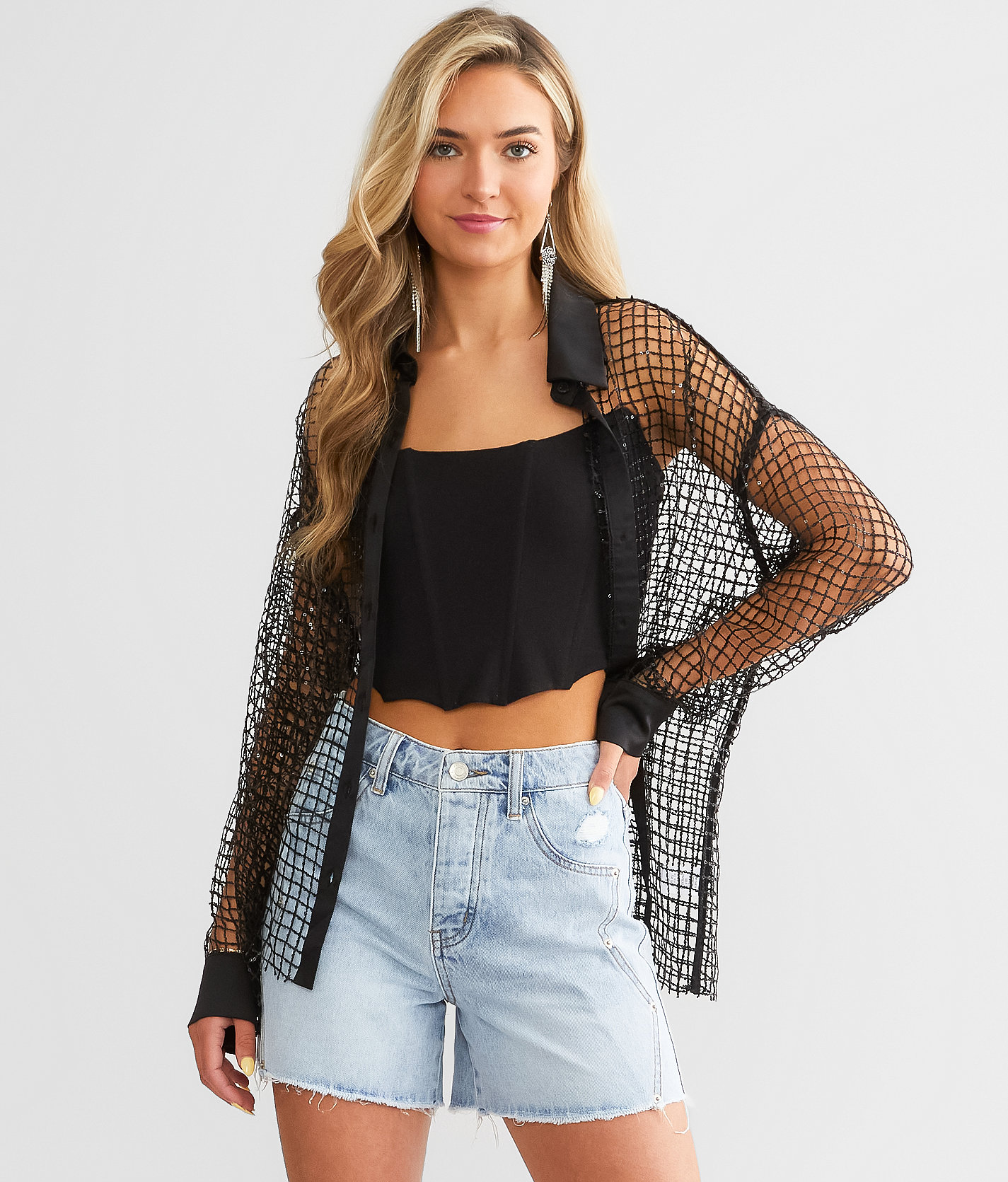 Willow & Root Sequin Mesh Shirt - Women's Shirts & Blouses in Black