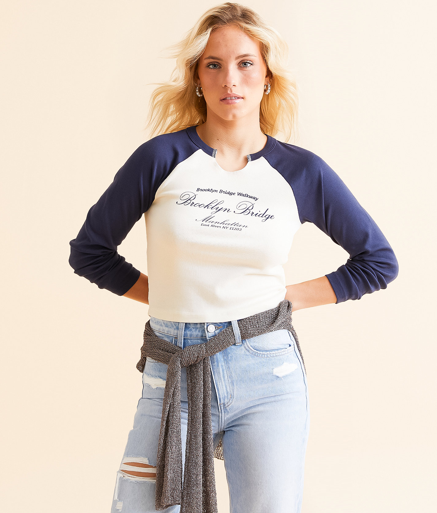 FITZ + EDDI Brooklyn Bridge Cropped Raglan T-Shirt - Women's T-Shirts in Cream Navy