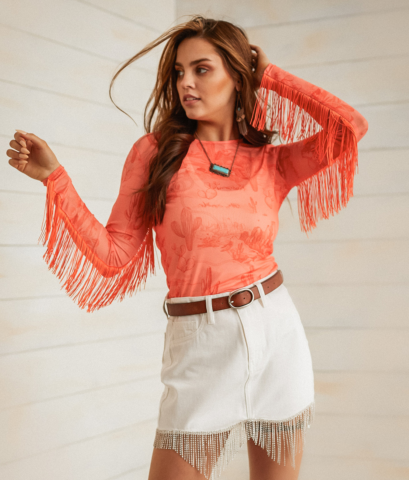 Sterling & Stitch Desert Mesh Fringe Top - Women's Shirts & Blouses in Orange Pink