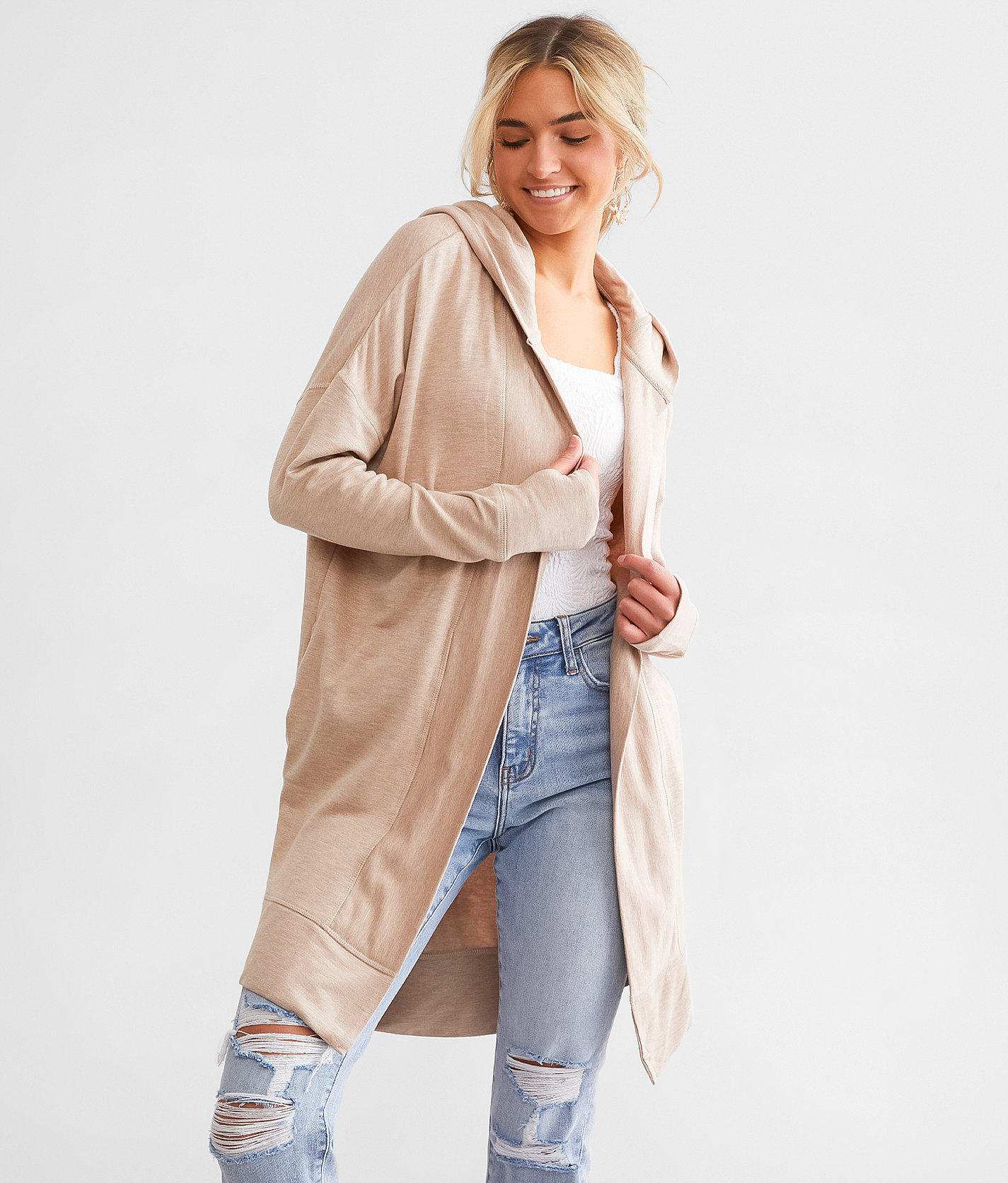 Mono B Longline Hooded Cardigan - Women's Sweaters in Natural
