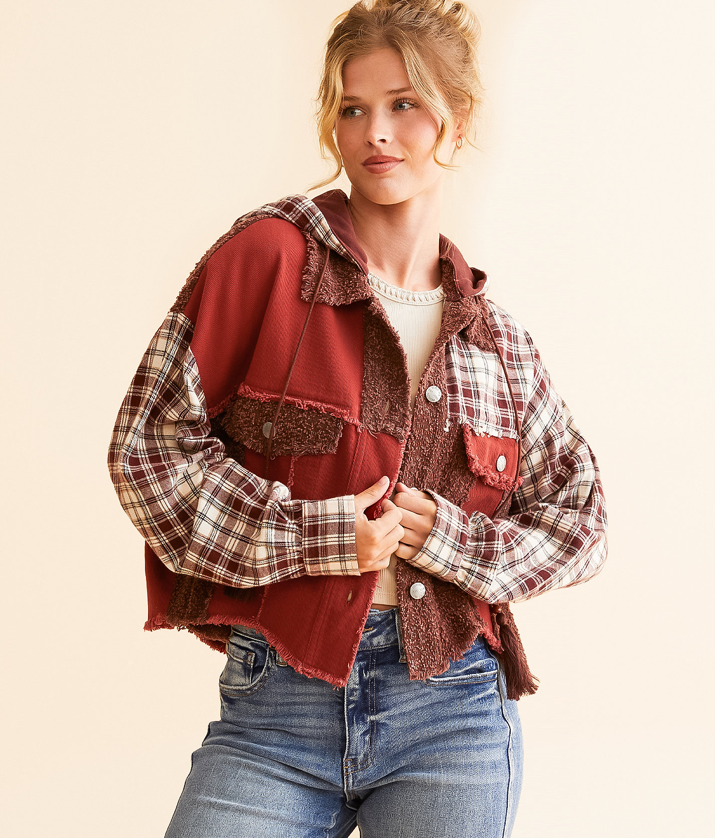 Miss Me Pieced Plaid Hooded Shacket - Women's Coats & Jackets in Multi Red