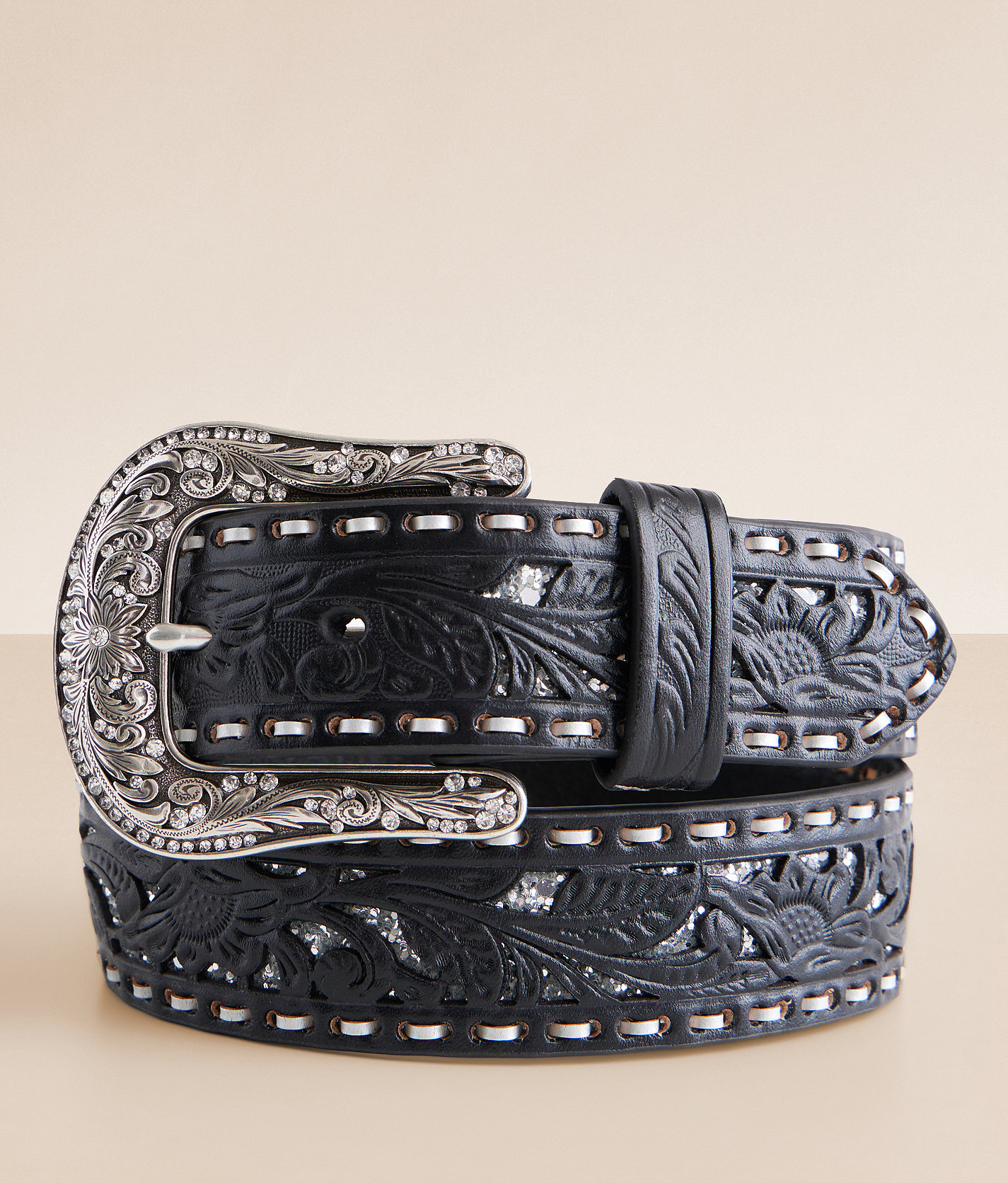 Nocona Tooled Leather Western Belt - Women's Belts in Black Silver
