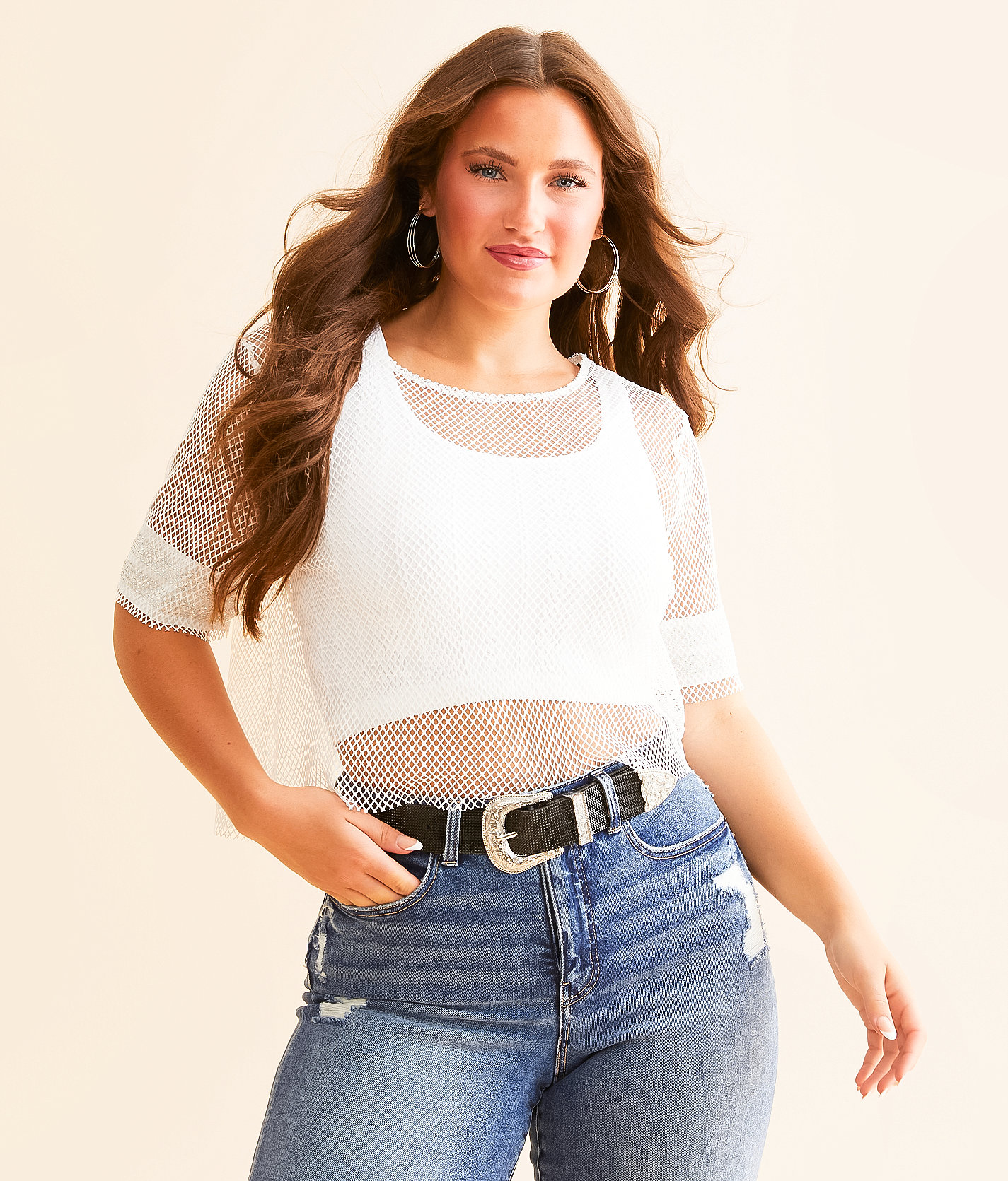 DH Apparel Raw Edge Fishnet Top - Women's Shirts & Blouses in White