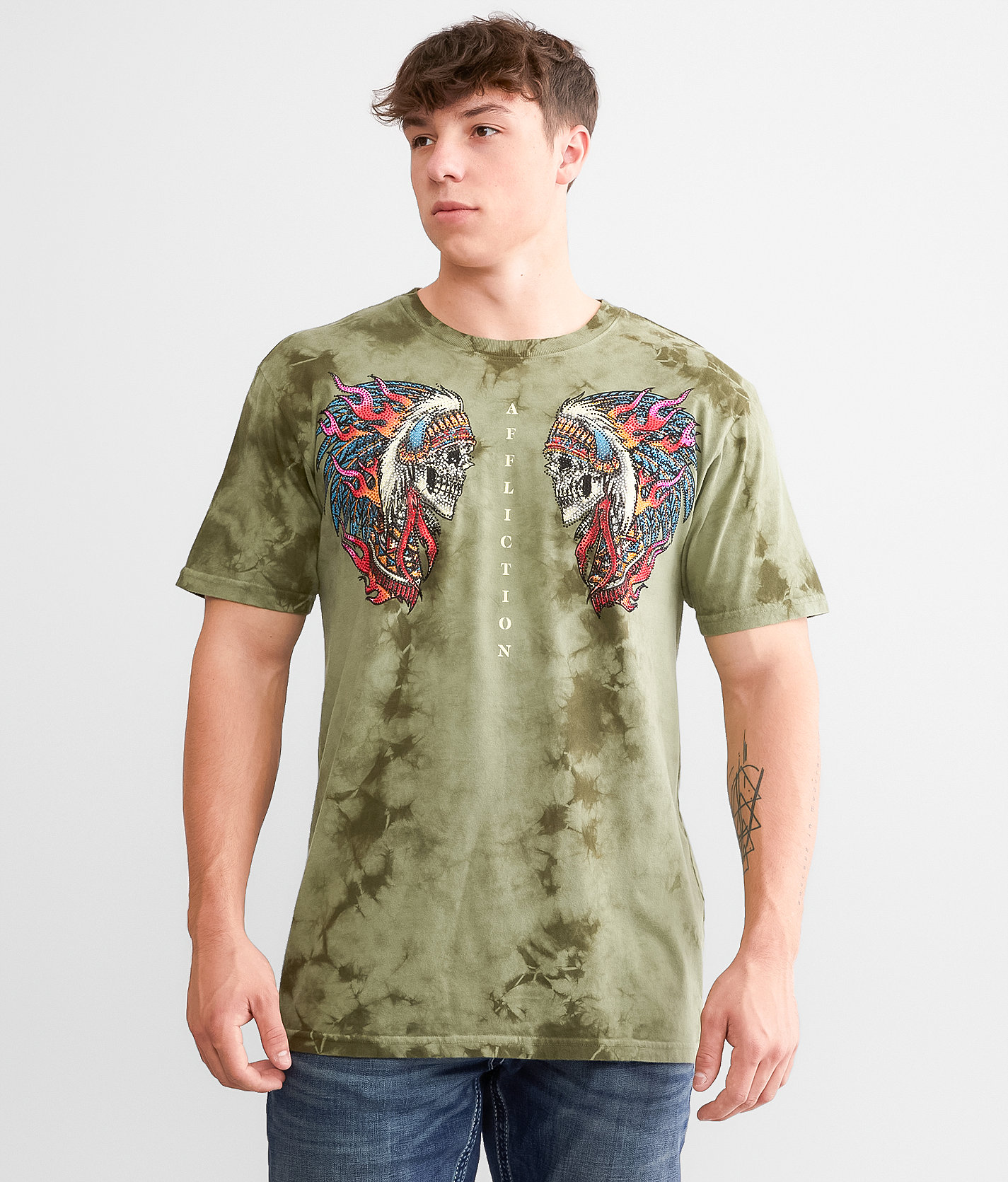 Affliction Full Moon Tribe T-Shirt - Men's T-Shirts in Oil Grn Dk Oil Grn Crys W