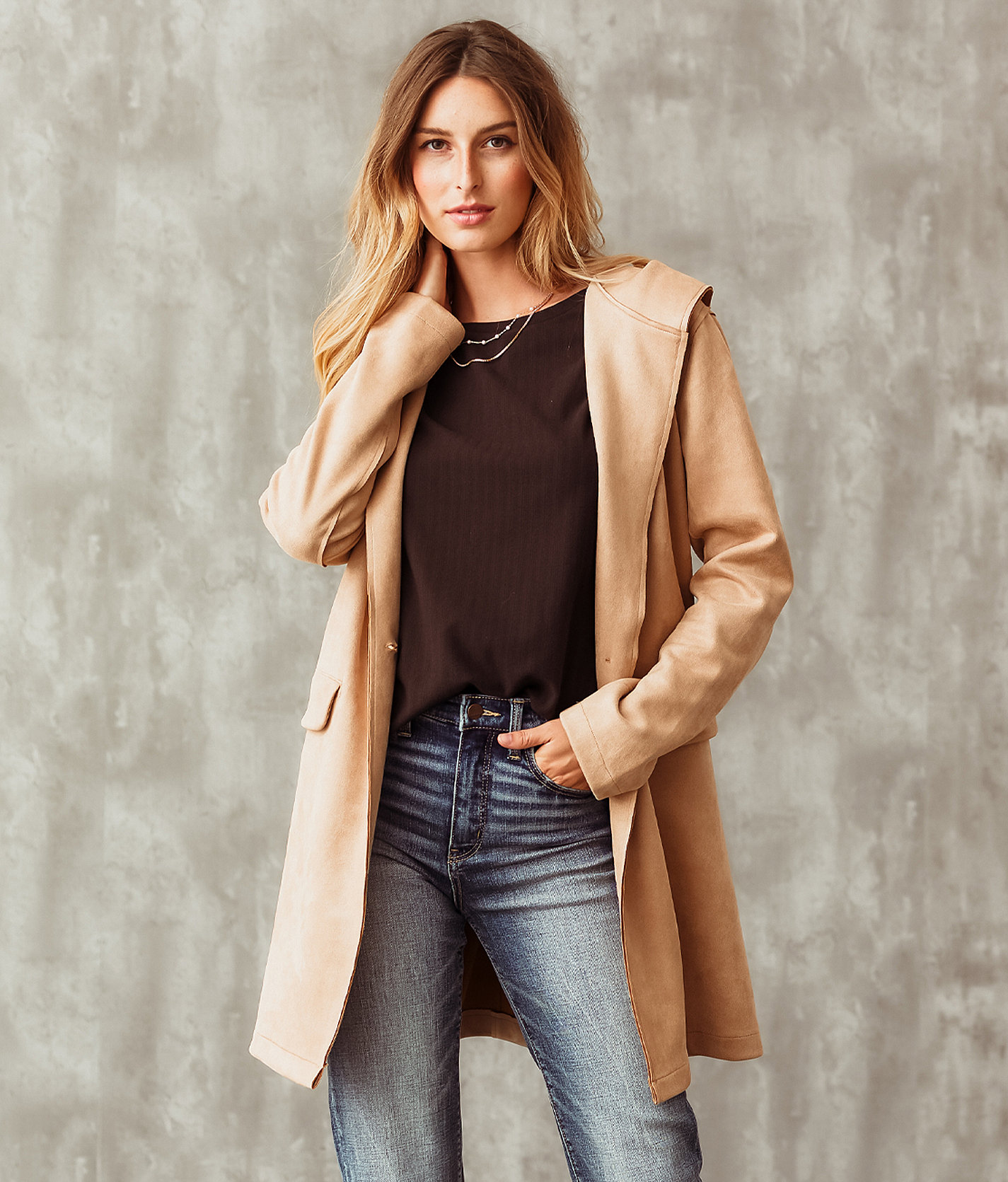 Buckle Black Faux Suede Hooded Jacket - Women's Coats & Jackets in Taupe