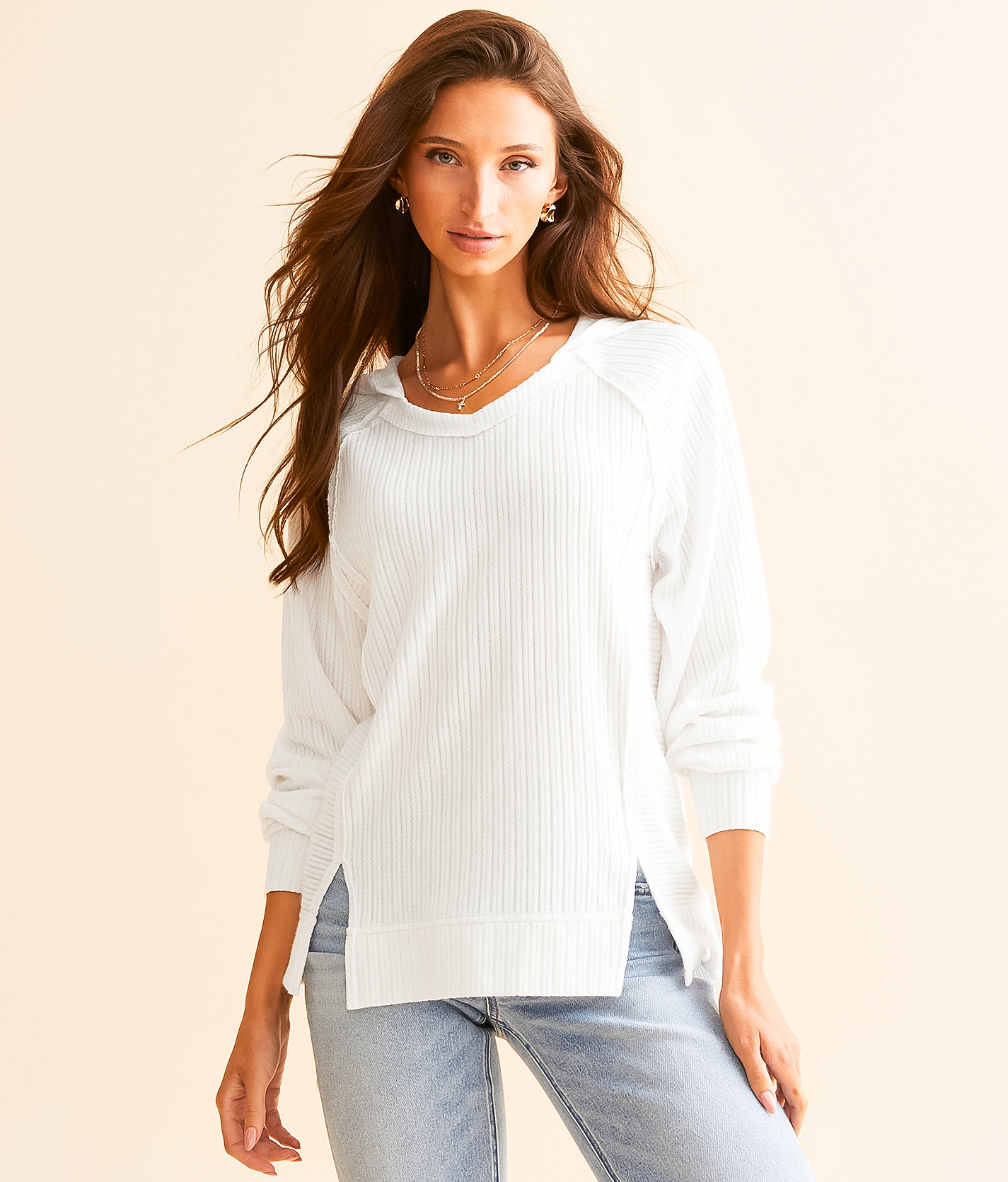 BKE Ribbed Hoodie - Women's Sweatshirts in White
