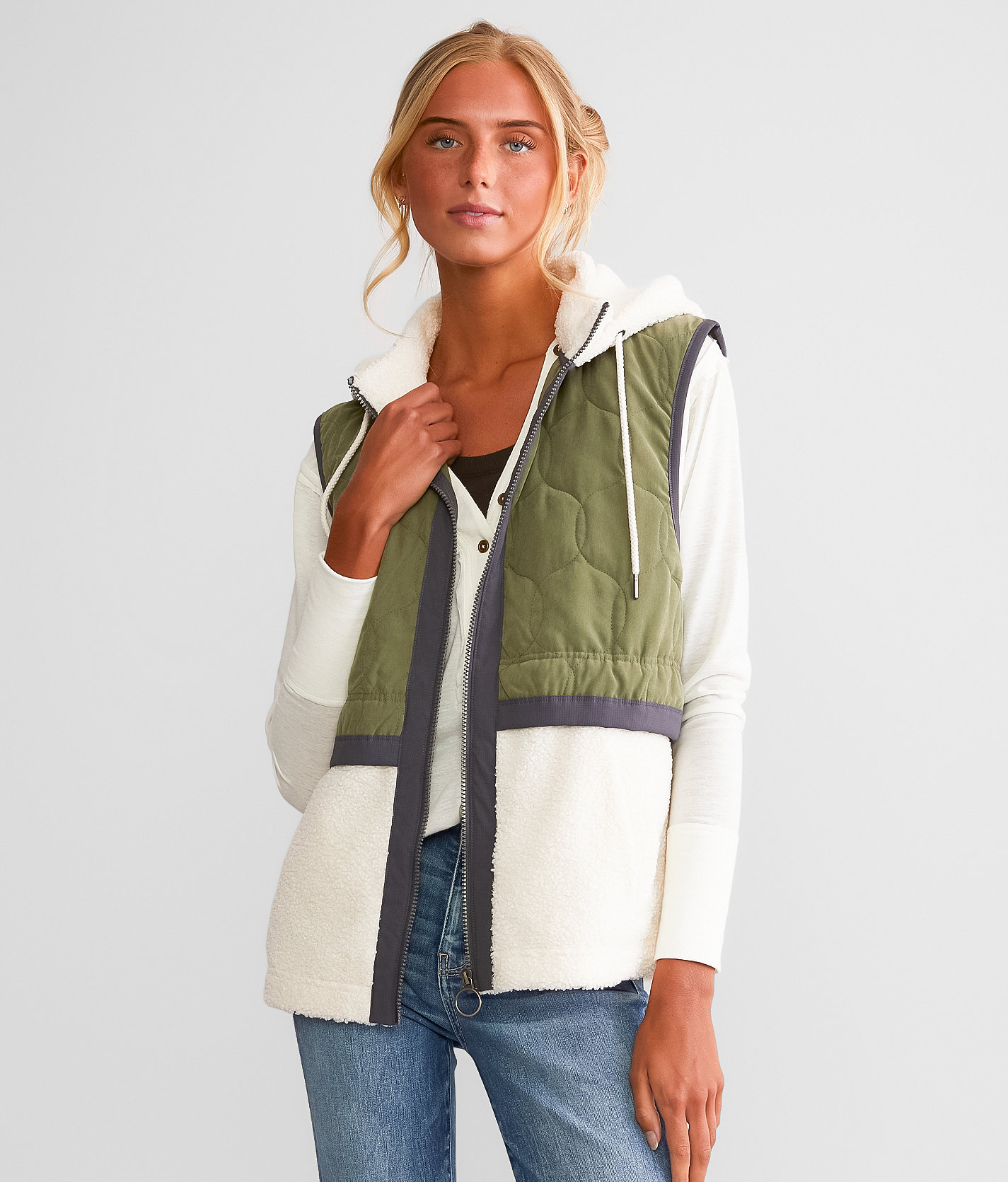 BKE Pieced Sherpa Hooded Vest - Women's Coats & Jackets in Olivine