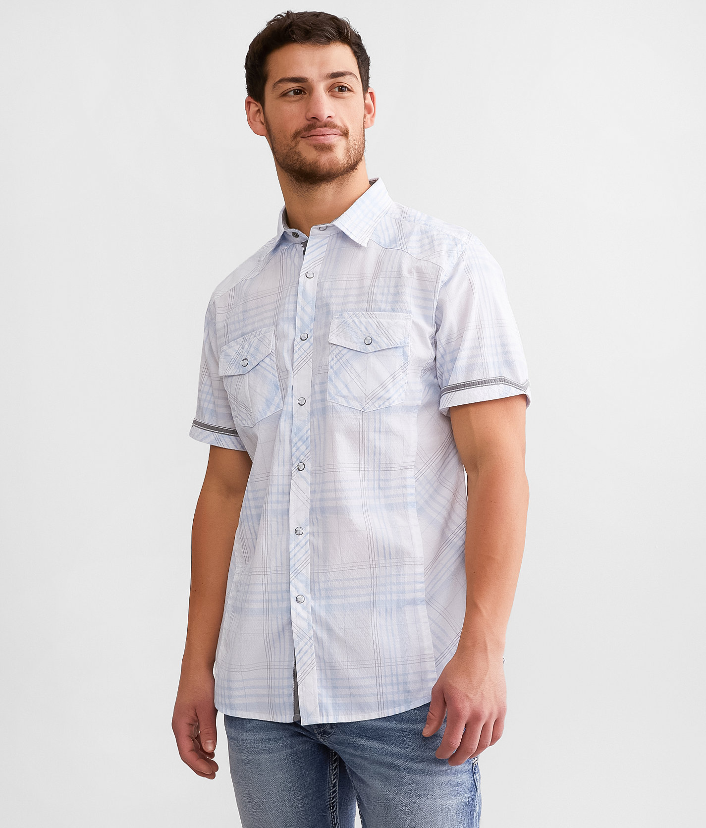 BKE Plaid Athletic Shirt - Men's Shirts in White Blue Grey