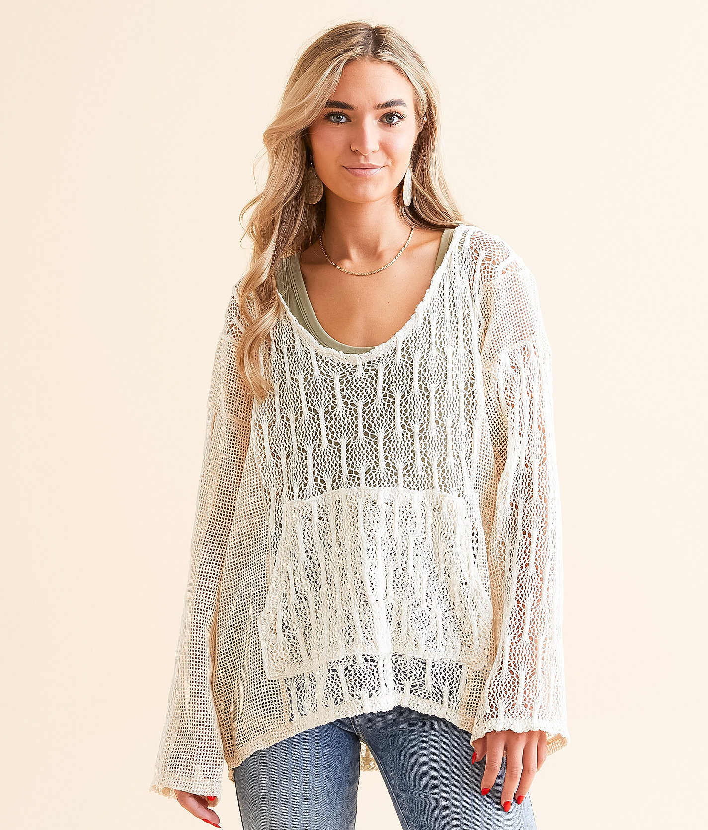 BKE Pieced Crochet Hoodie - Women's Sweatshirts in Cream