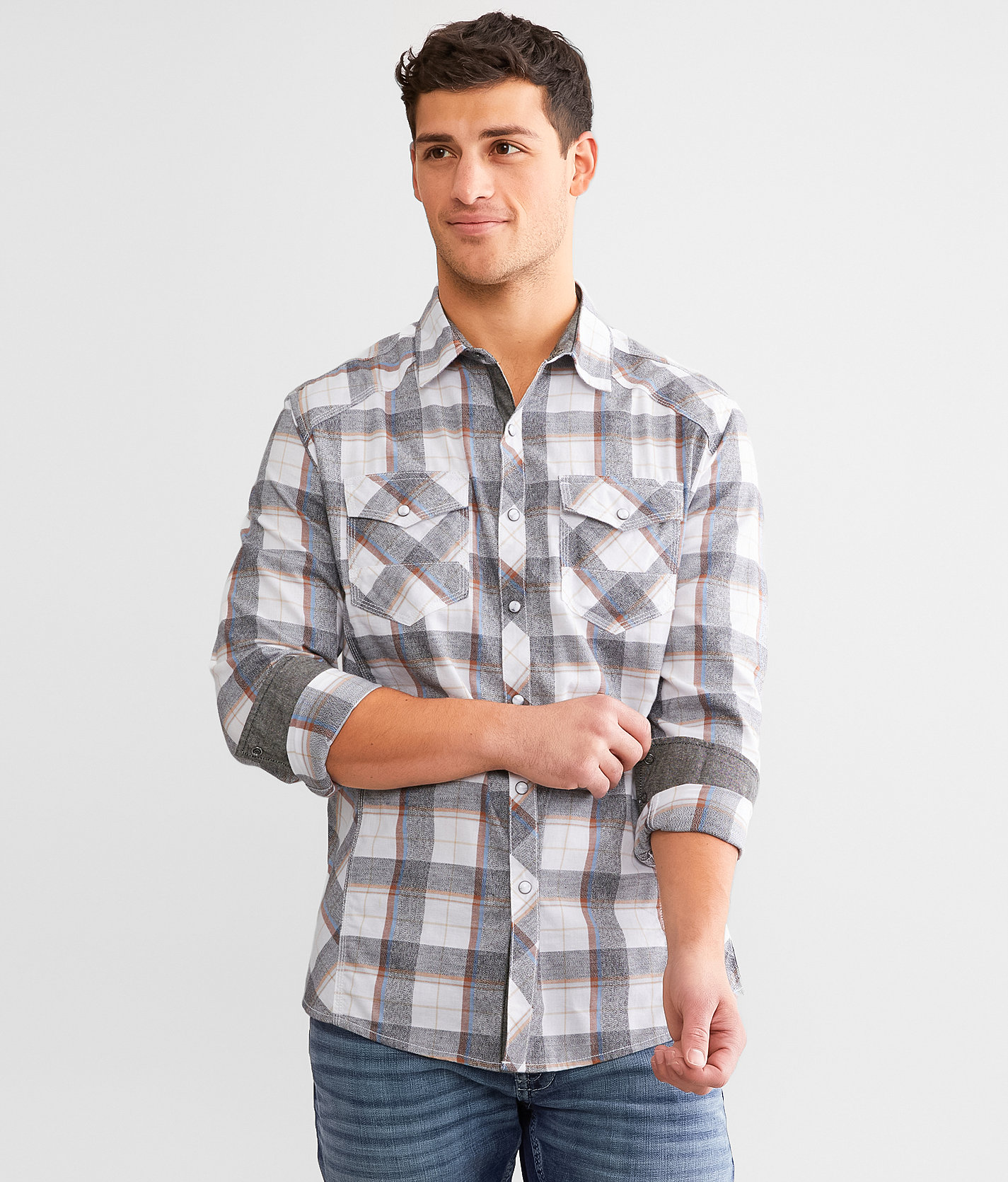 BKE Plaid Athletic Shirt - Men's Shirts in White Black Blue
