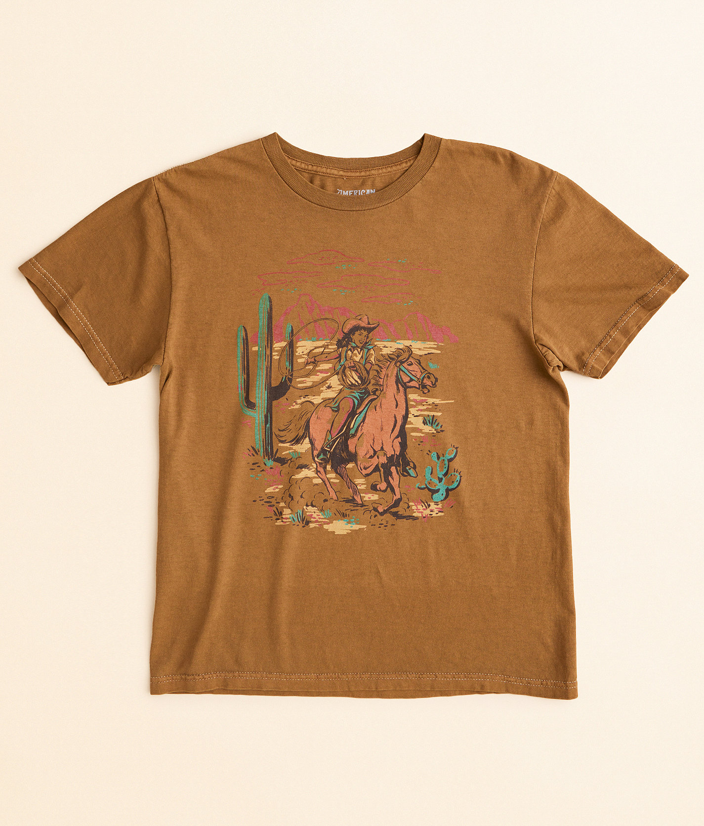 Girls - American Highway Cowgirl Cactus T-Shirt - Girl's T-Shirts in Camel Pigment Dye
