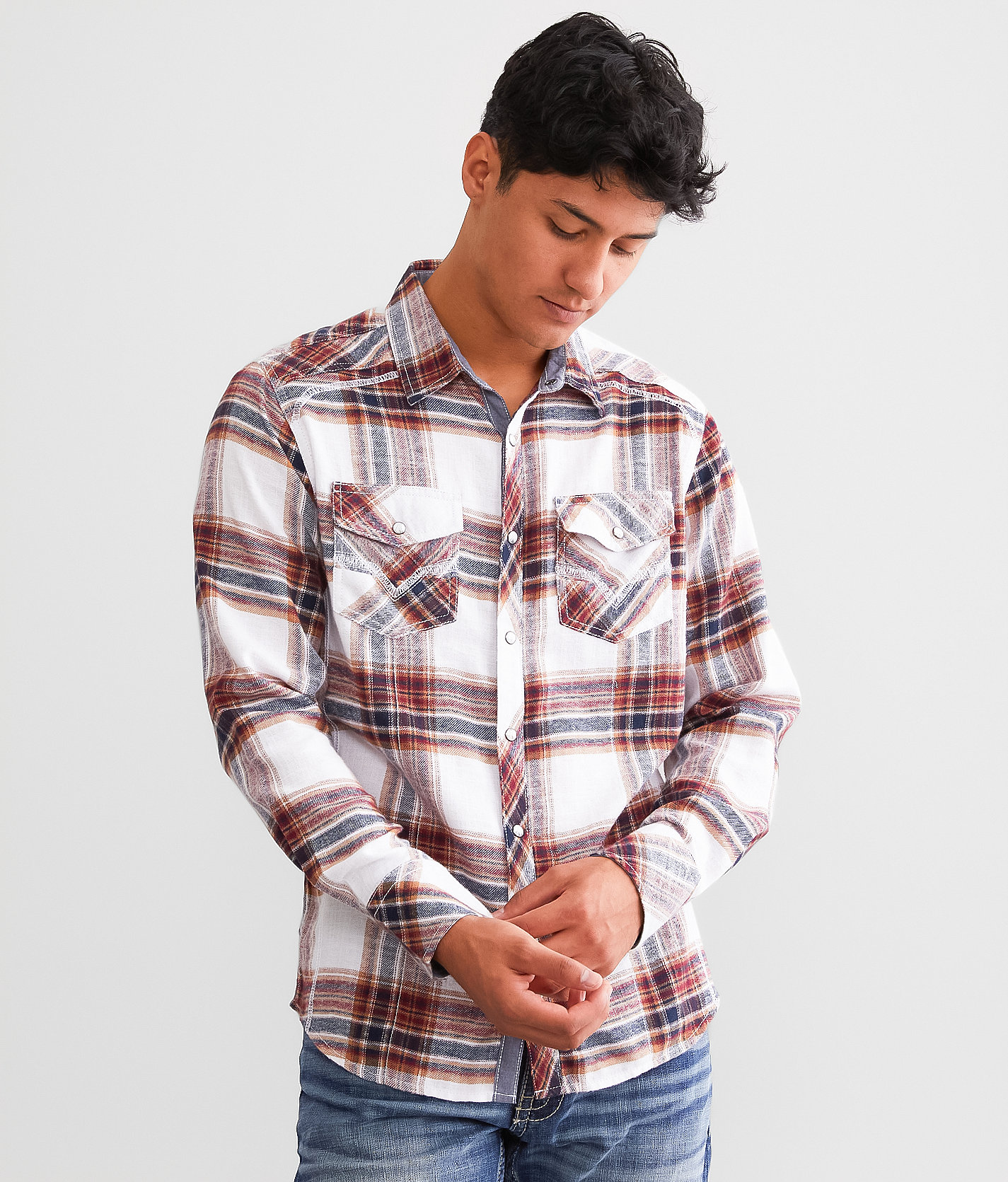 BKE Plaid Standard Shirt - Men's Shirts in White Navy Burgundy