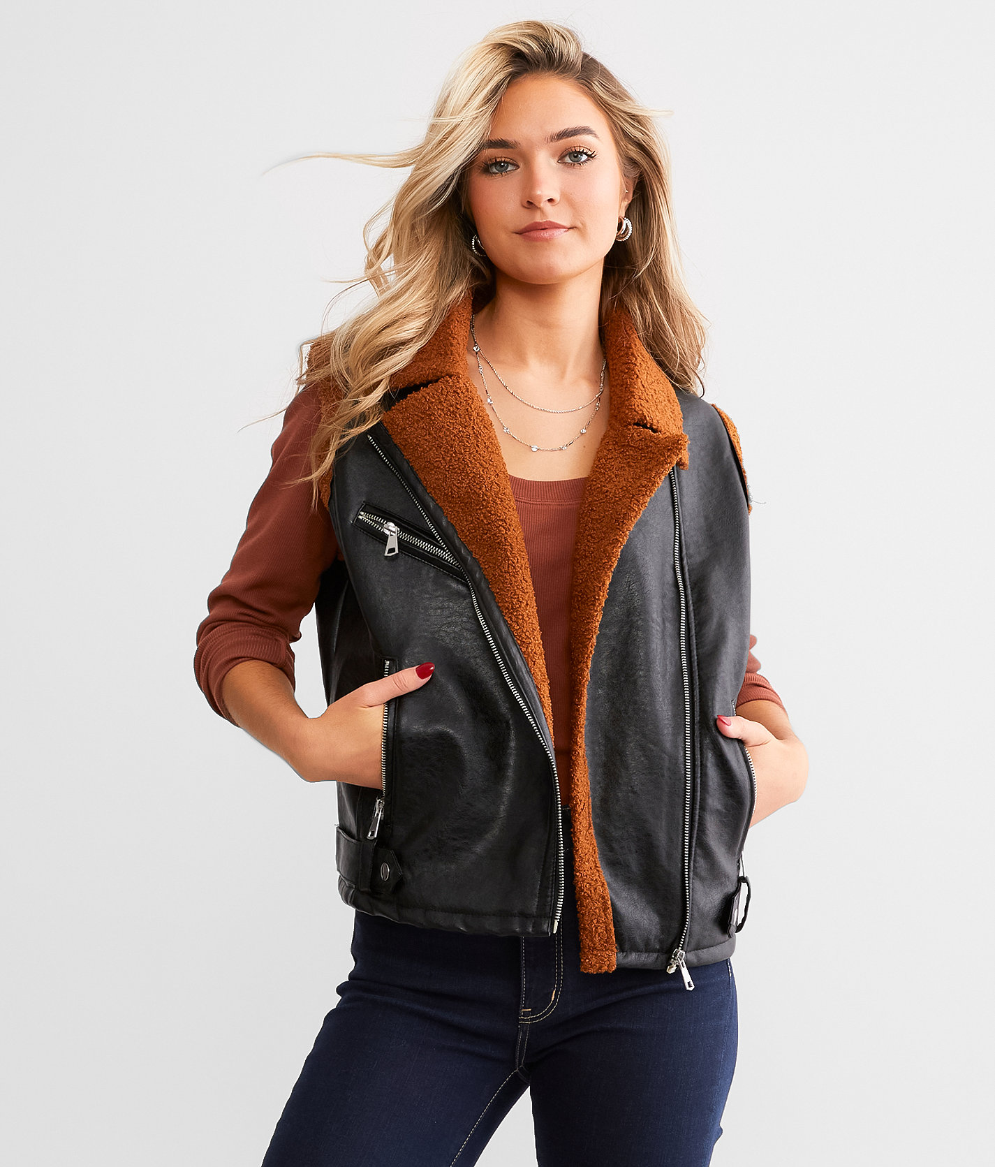 BKE Faux Leather Asymmetrical Vest - Women's Coats & Jackets in Black