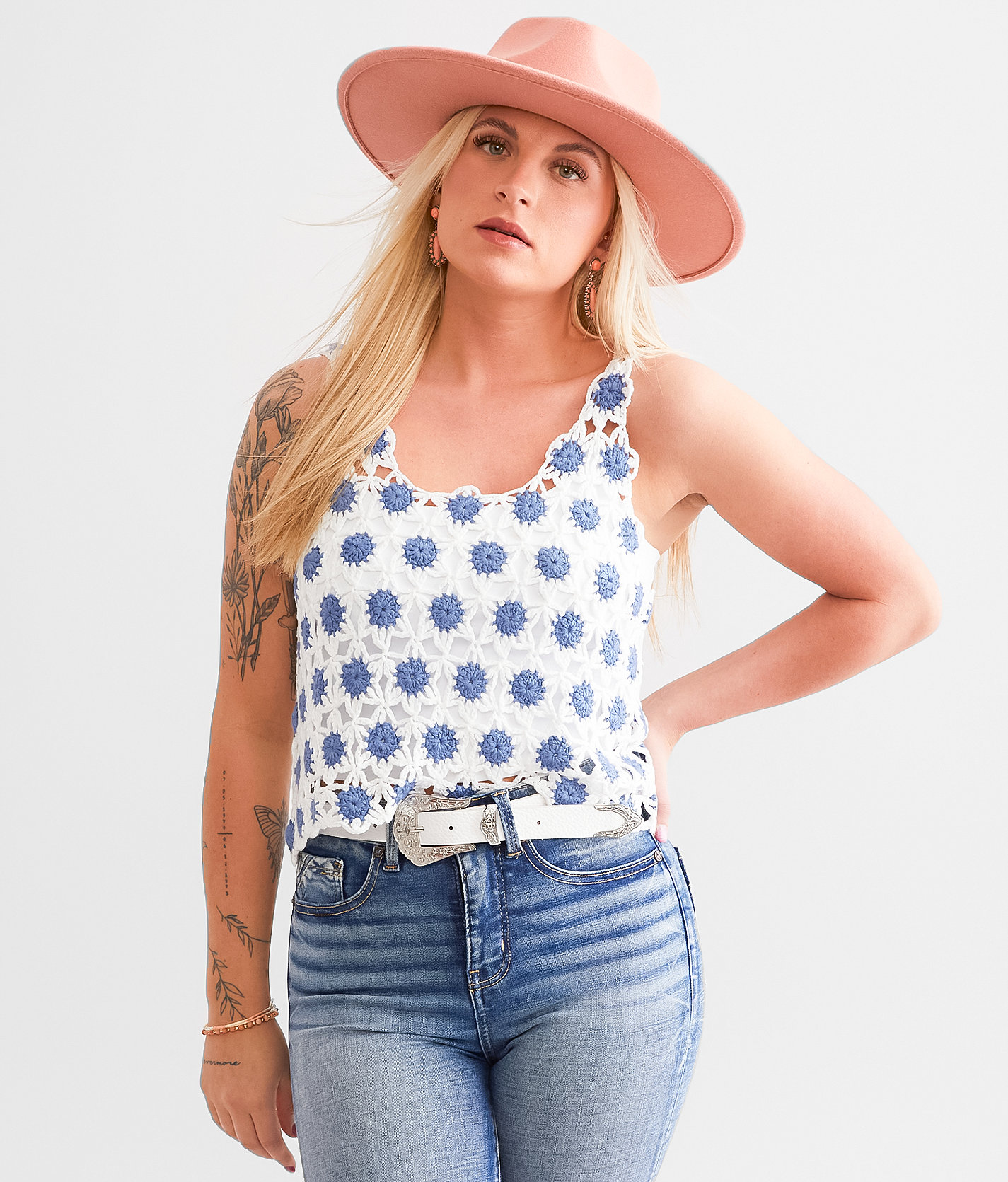 Willow & Root Cropped Crochet Tank Top - Women's Tank Tops in Blue White