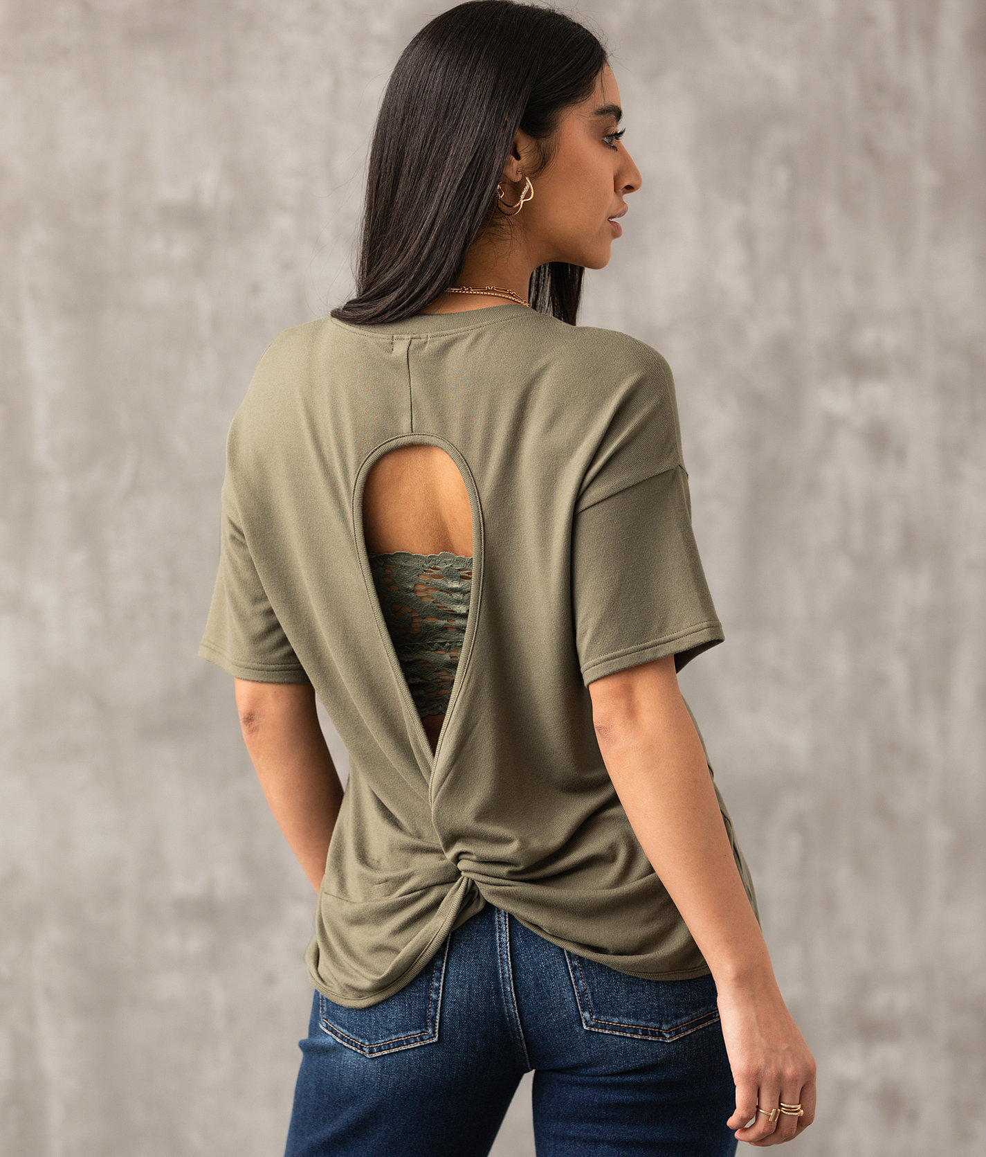 Buckle Black Twisted Open Back Top - Women's Activewear in Dusty Olive