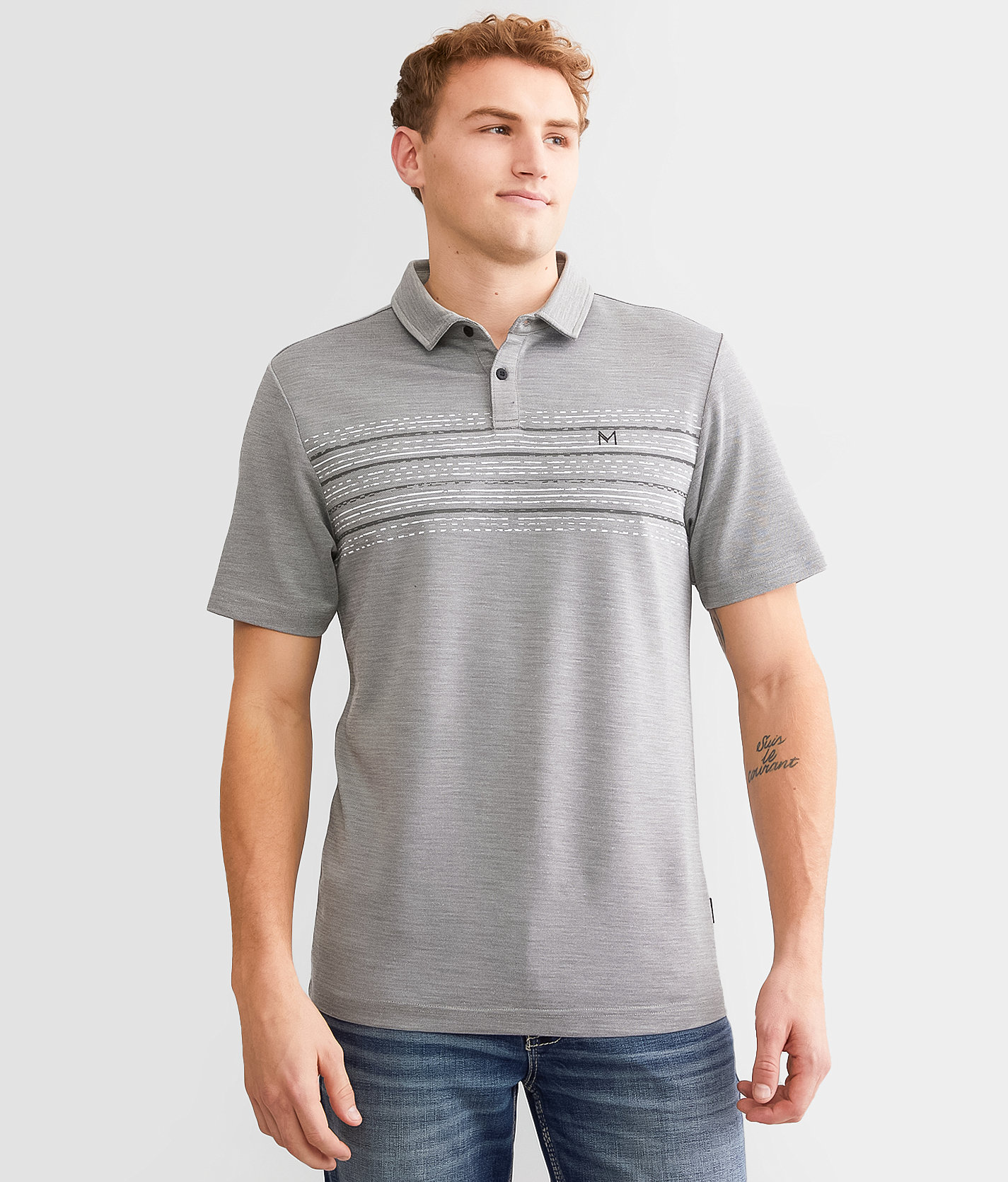 Maven Co-op Striped Performance Polo - Men's Polos in Medium Grey