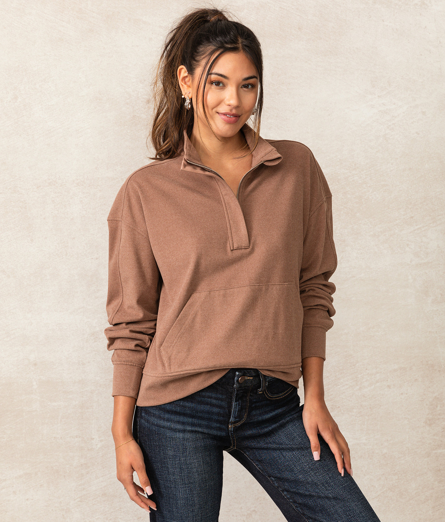 Buckle Black Charlie Quarter Zip Pullover - Women's Sweatshirts in Deep Taupe