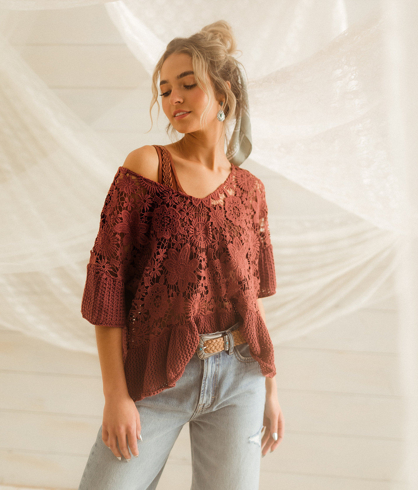 Gimmicks Crochet Peplum Sweater - Women's Sweaters in Copper Brown