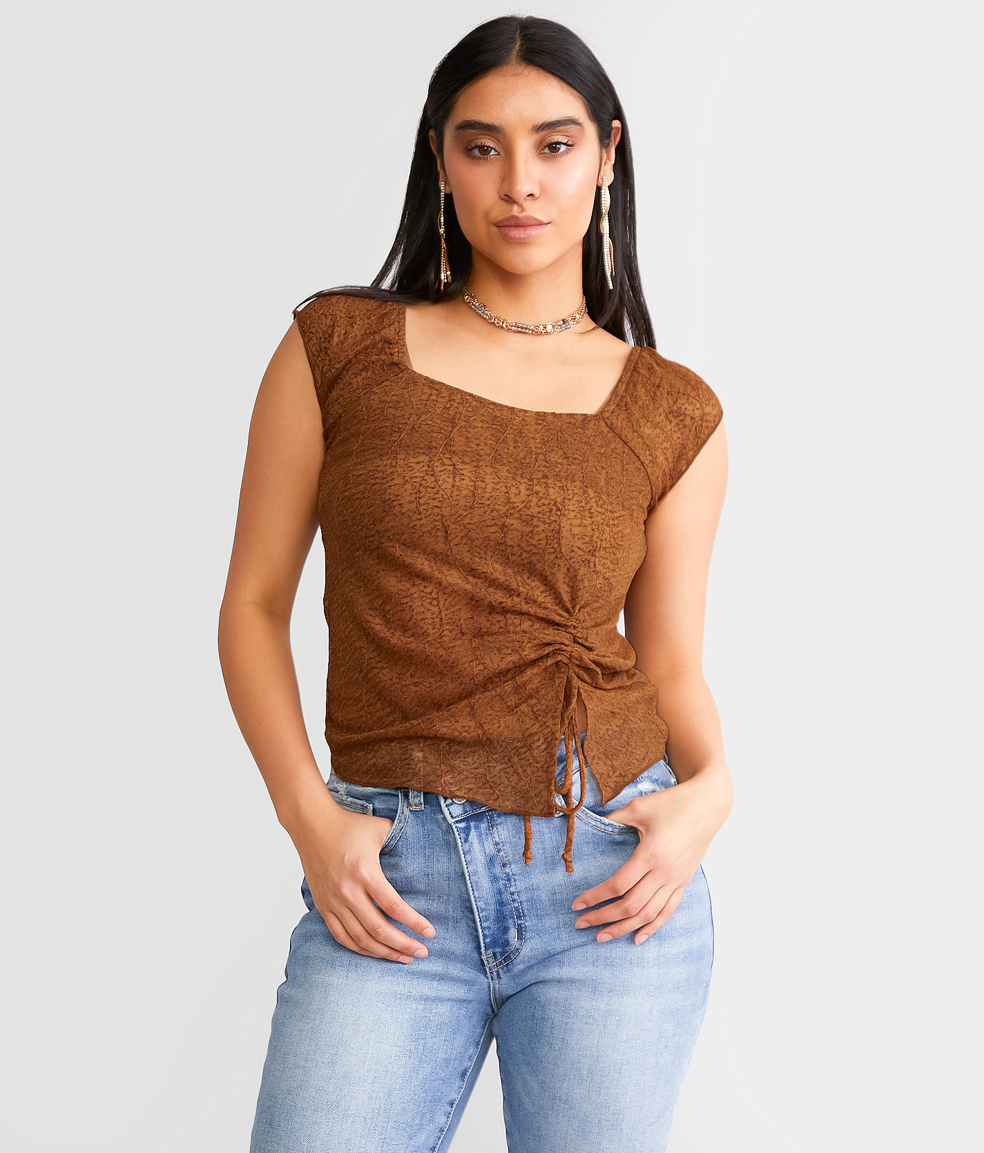 Willow & Root Cinch Tie Mesh Top - Women's Shirts & Blouses in Brown