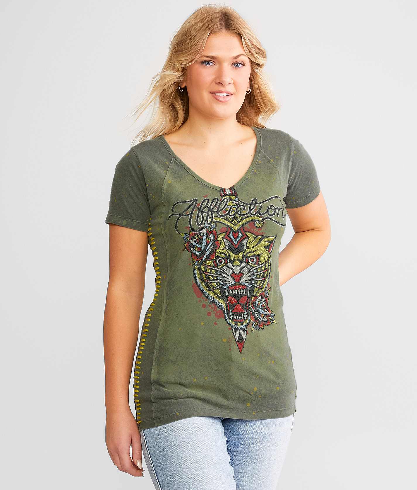 Affliction Alchemic Dagger T-Shirt - Women's T-Shirts in Olive Pigment Dye