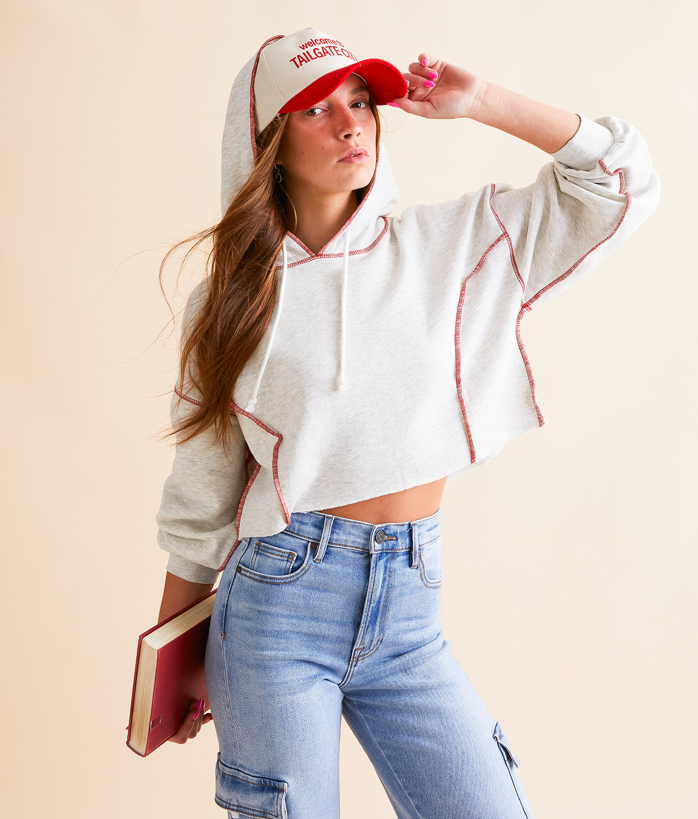 FITZ + EDDI Contrast Seam Cropped Hoodie - Women's Sweatshirts in Heather Grey