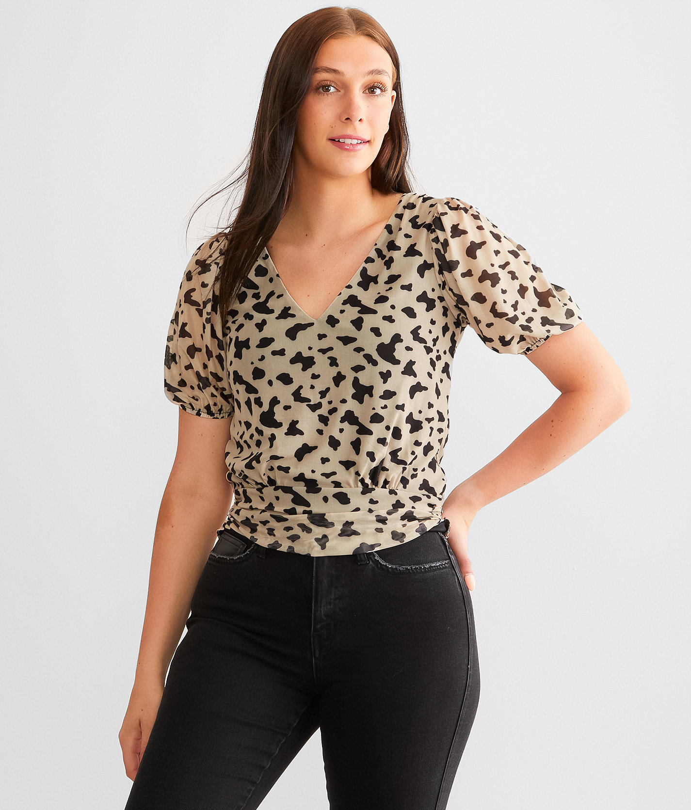 Daytrip Animal Print Mesh Top - Women's Shirts & Blouses in Taupe Black