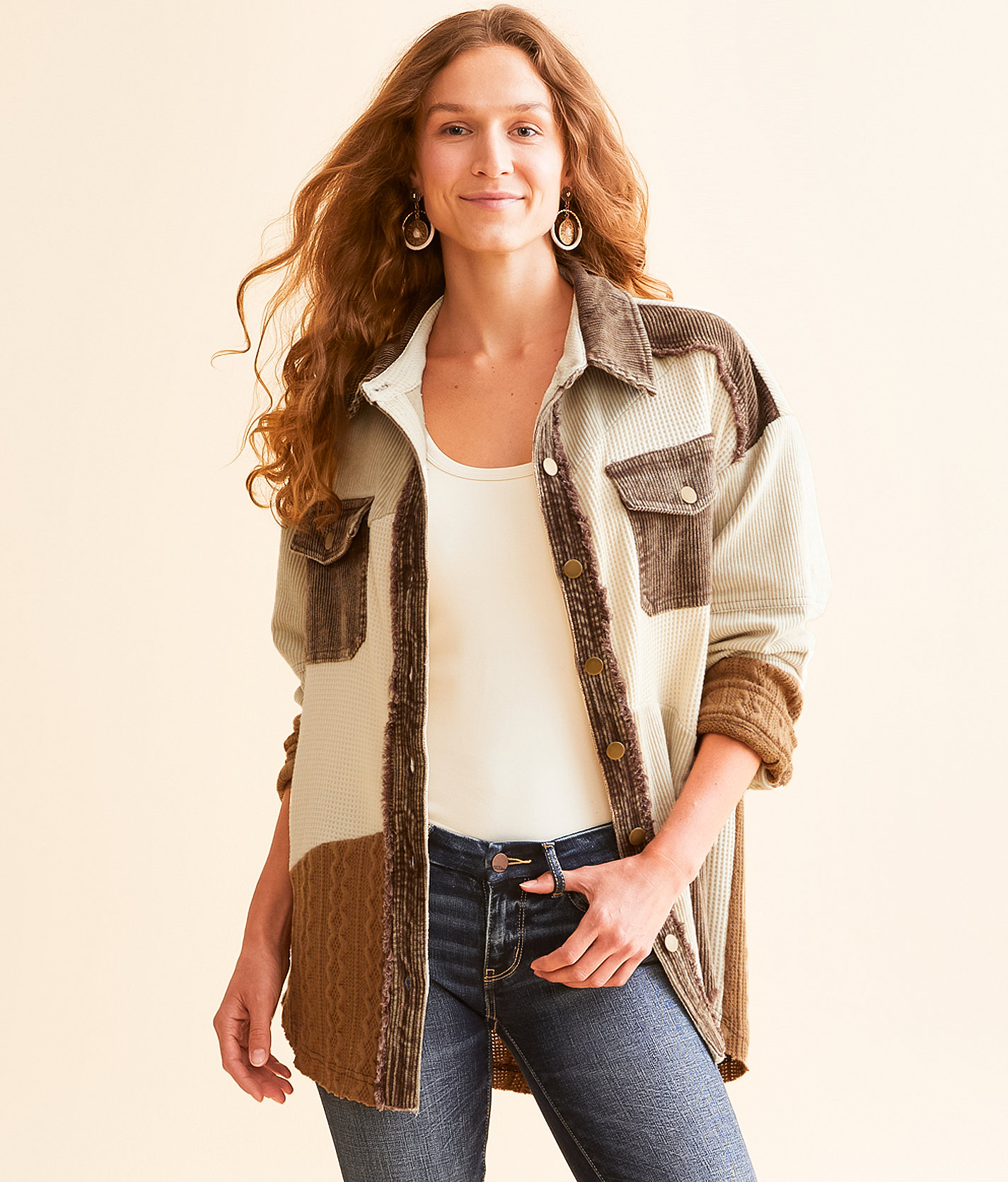 BKE Pieced Corduroy Oversized Jacket - Women's Coats & Jackets in Brown Cream